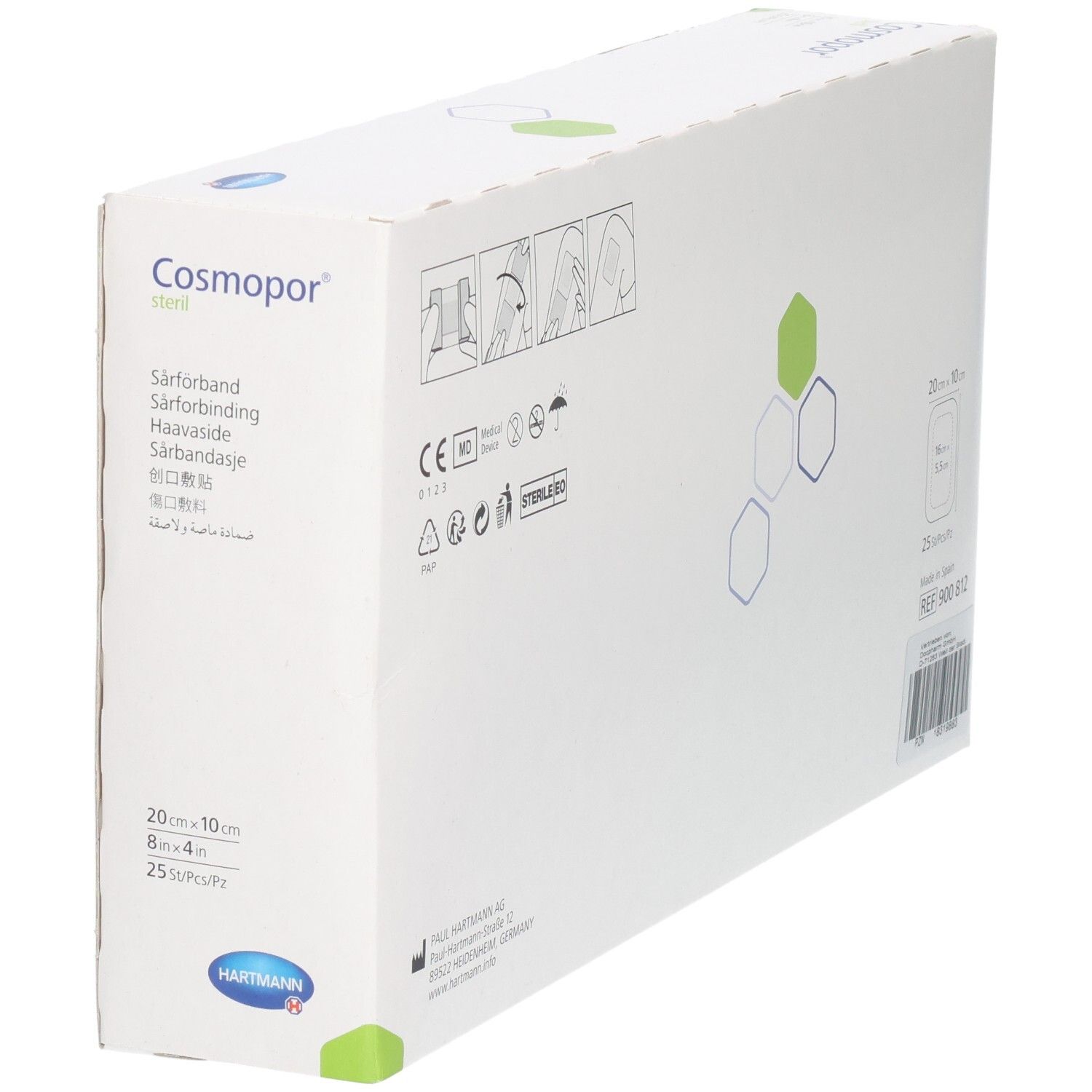 Rückseite Verpackung Cosmopor steril Wundverband mit Anwendungssymbolen und CE-Kennzeichnung.