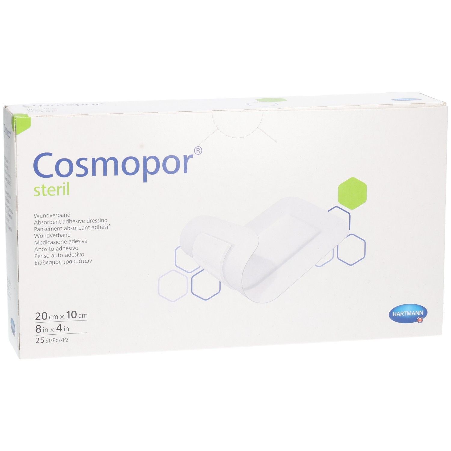 Verpackung Cosmopor steril Wundverband, 20x10 cm, 25 Stück.