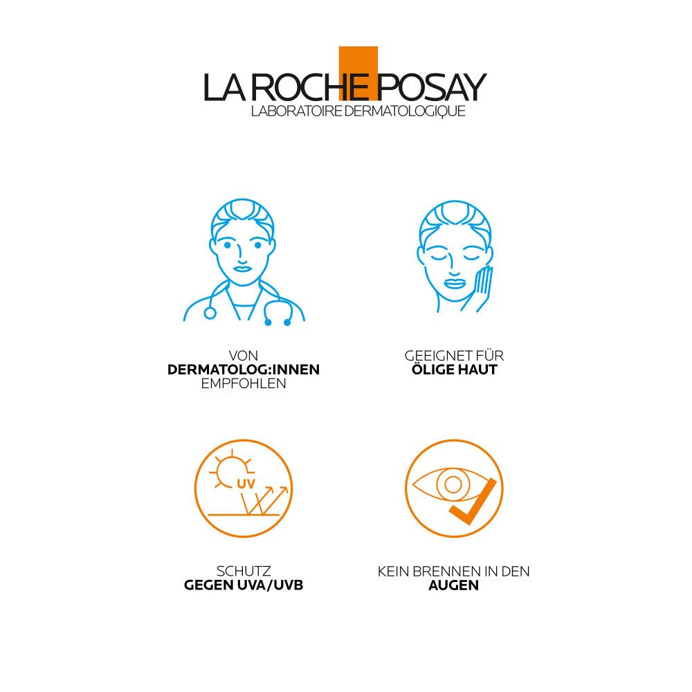 Logo La Roche-Posay. Recommandé par les dermatologues. Protection UVA/UVB. Ne pique pas les yeux.