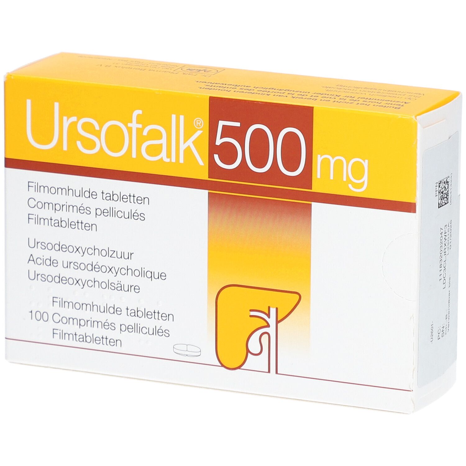 Gelbe Schachtel mit "Ursofalk 500 mg". Enthält Filmtabletten. Mehrsprachige Beschriftung. Abbildung einer Leber.