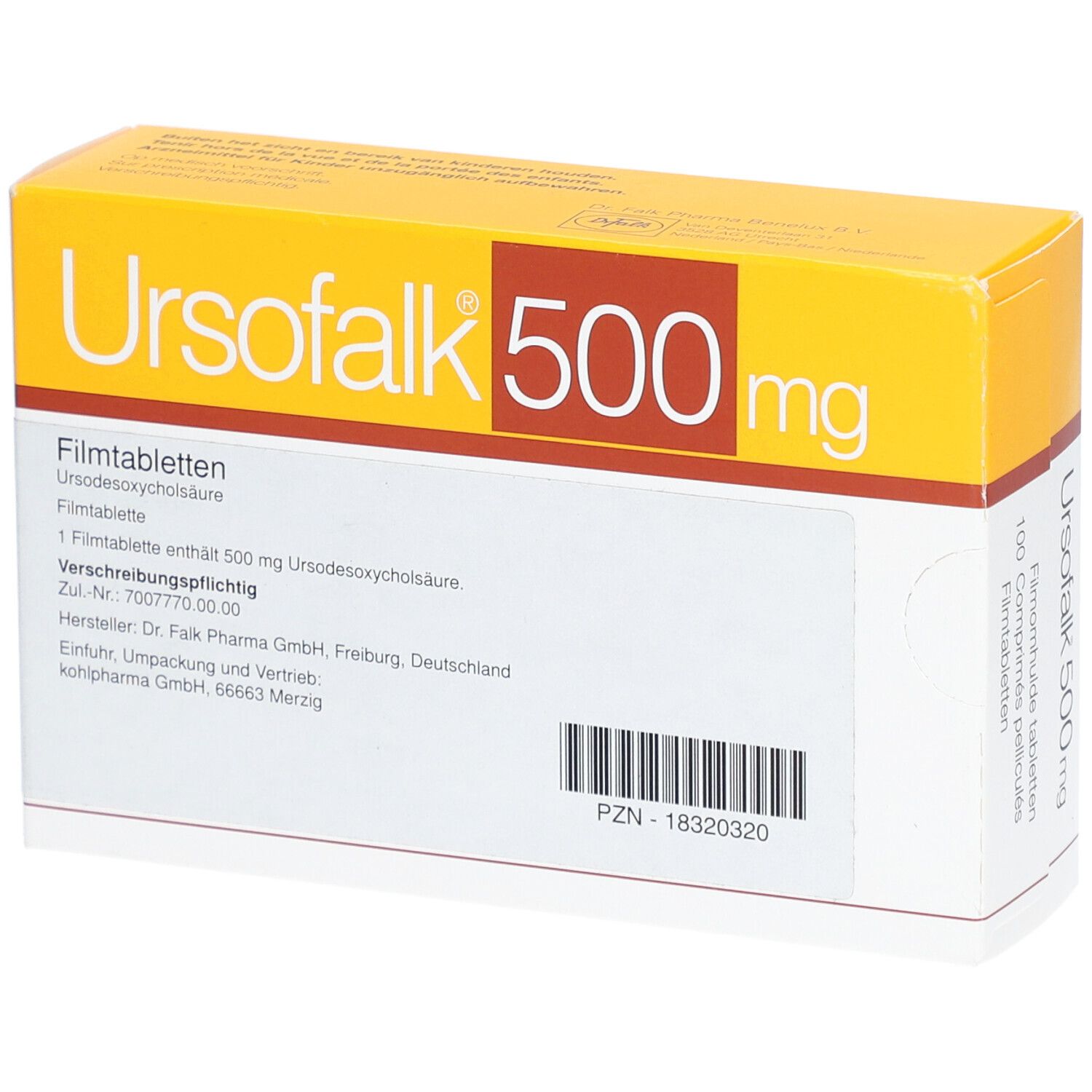 Gelbe Schachtel "Ursofalk 500 mg". Enthält Filmtabletten. Mehrsprachige Beschriftung. Detailansicht mit Text und PZN-Code.