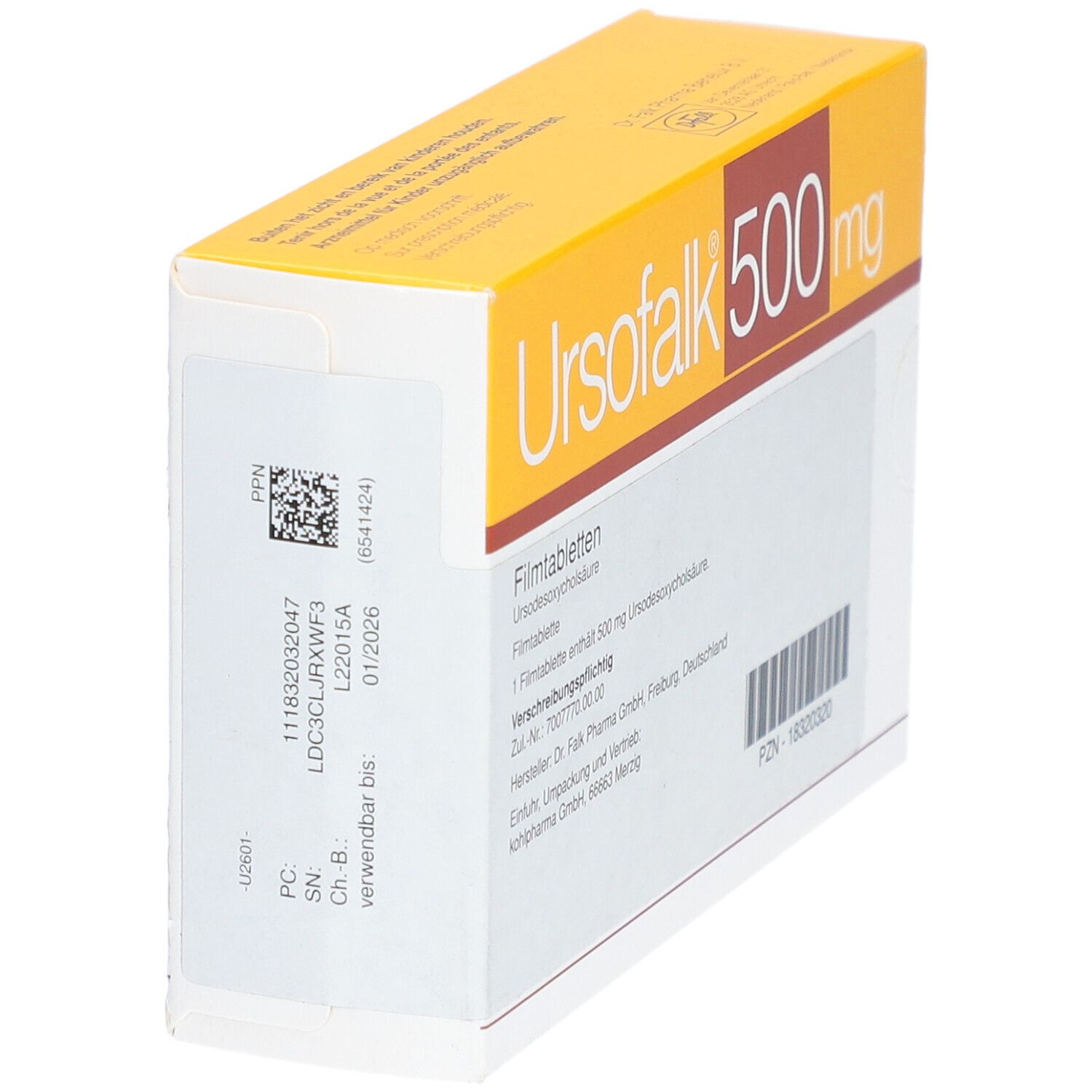 Gelbe Schachtel "Ursofalk 500 mg". Enthält Filmtabletten. Mehrsprachige Beschriftung. Detailansicht mit Barcode und Verfallsdatum.