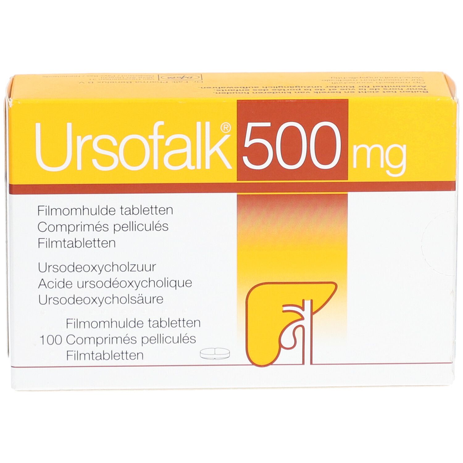 Gelbe Schachtel "Ursofalk 500 mg". Enthält Filmtabletten. Mehrsprachige Beschriftung. Abbildung einer Leber.