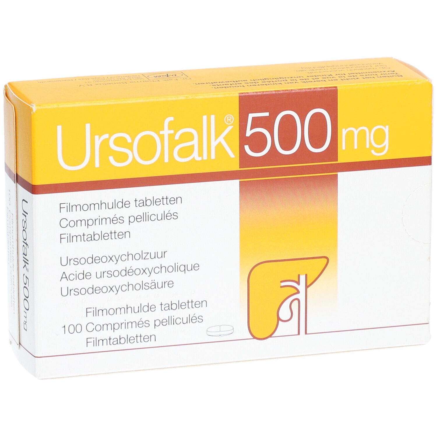 Gelbe Schachtel "Ursofalk 500 mg". Enthält Filmtabletten. Mehrsprachige Beschriftung. Abbildung einer Leber.