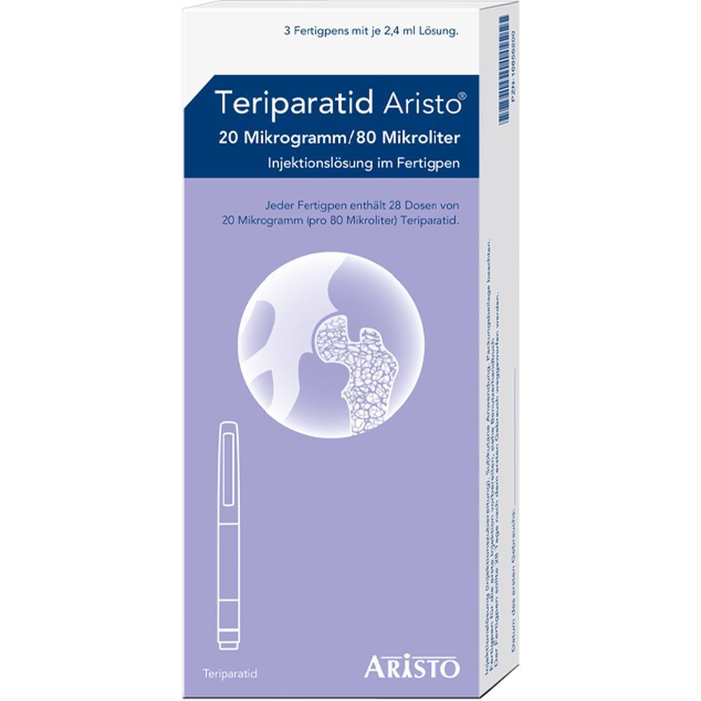Verpackung von Teriparatid Aristo. Enthält 3 Fertigpens mit 2,4 ml Lösung. Aufdruck: 20 Mikrogramm/80 Mikroliter Injektionslösung.