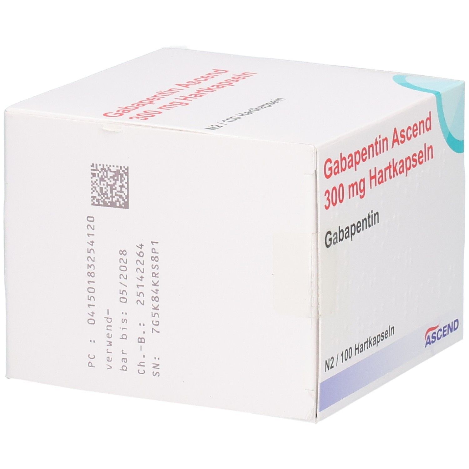 Verpackung von Gabapentin Ascend 300 mg Hartkapseln, N2/100 Hartkapseln.