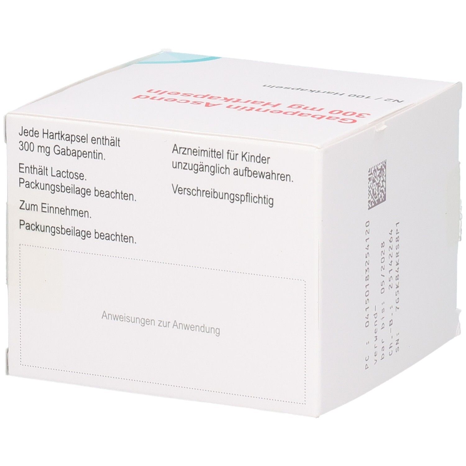 Rückseite der Gabapentin Ascend 300 mg Hartkapseln Verpackung mit Anwendungshinweisen.
