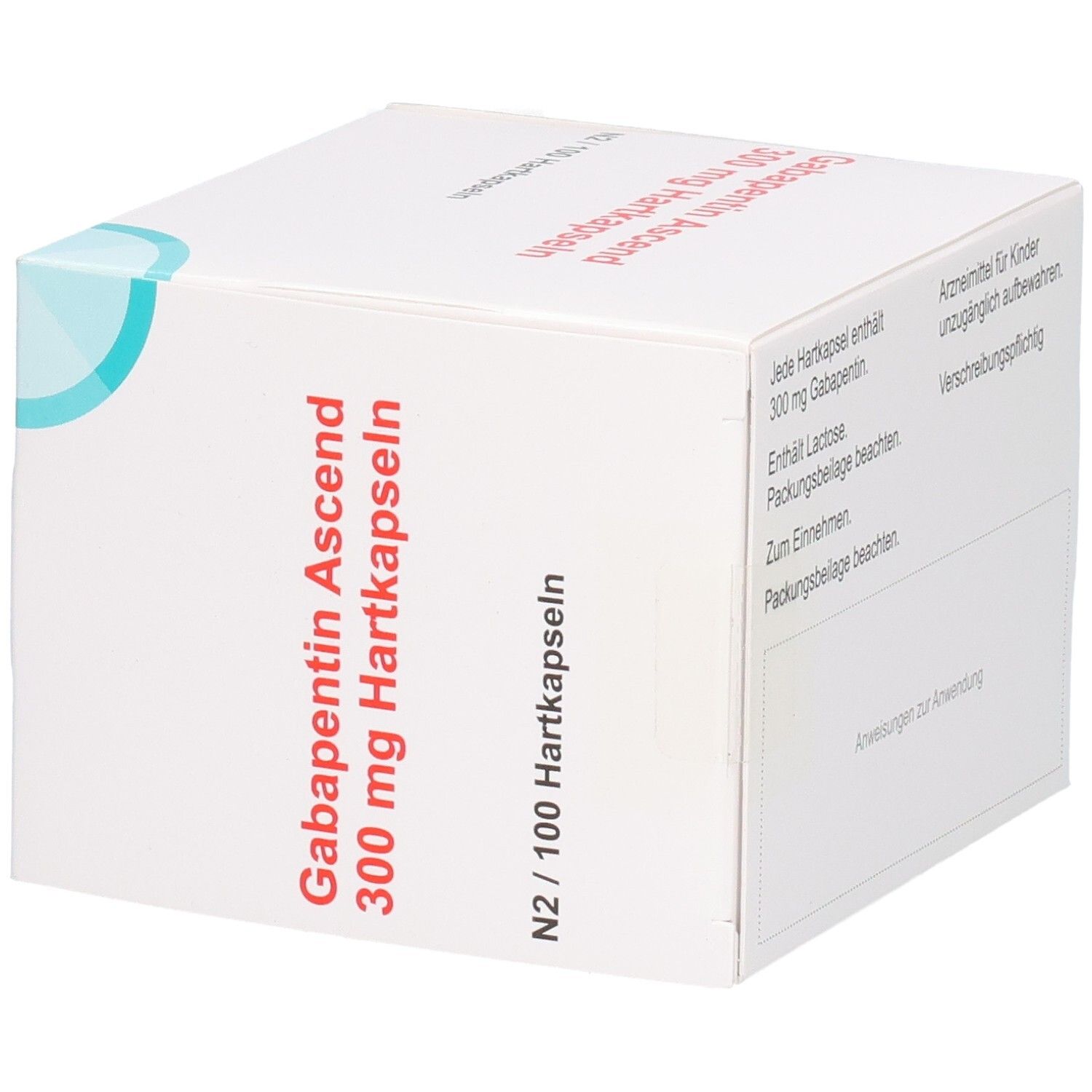 Seitenansicht der Gabapentin Ascend 300 mg Hartkapseln Verpackung.