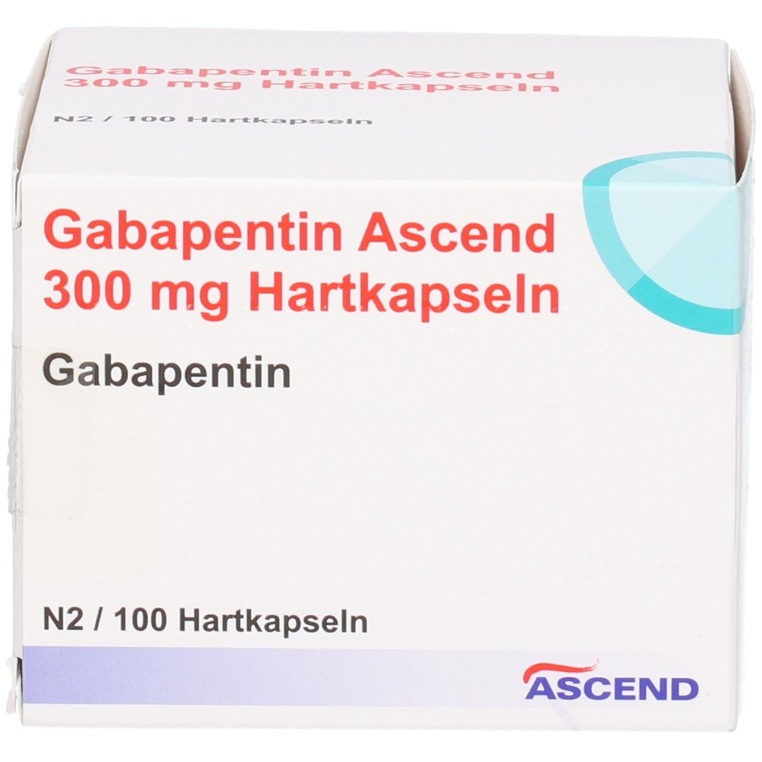 Vorderseite der Gabapentin Ascend 300 mg Hartkapseln Verpackung mit ASCEND Logo.
