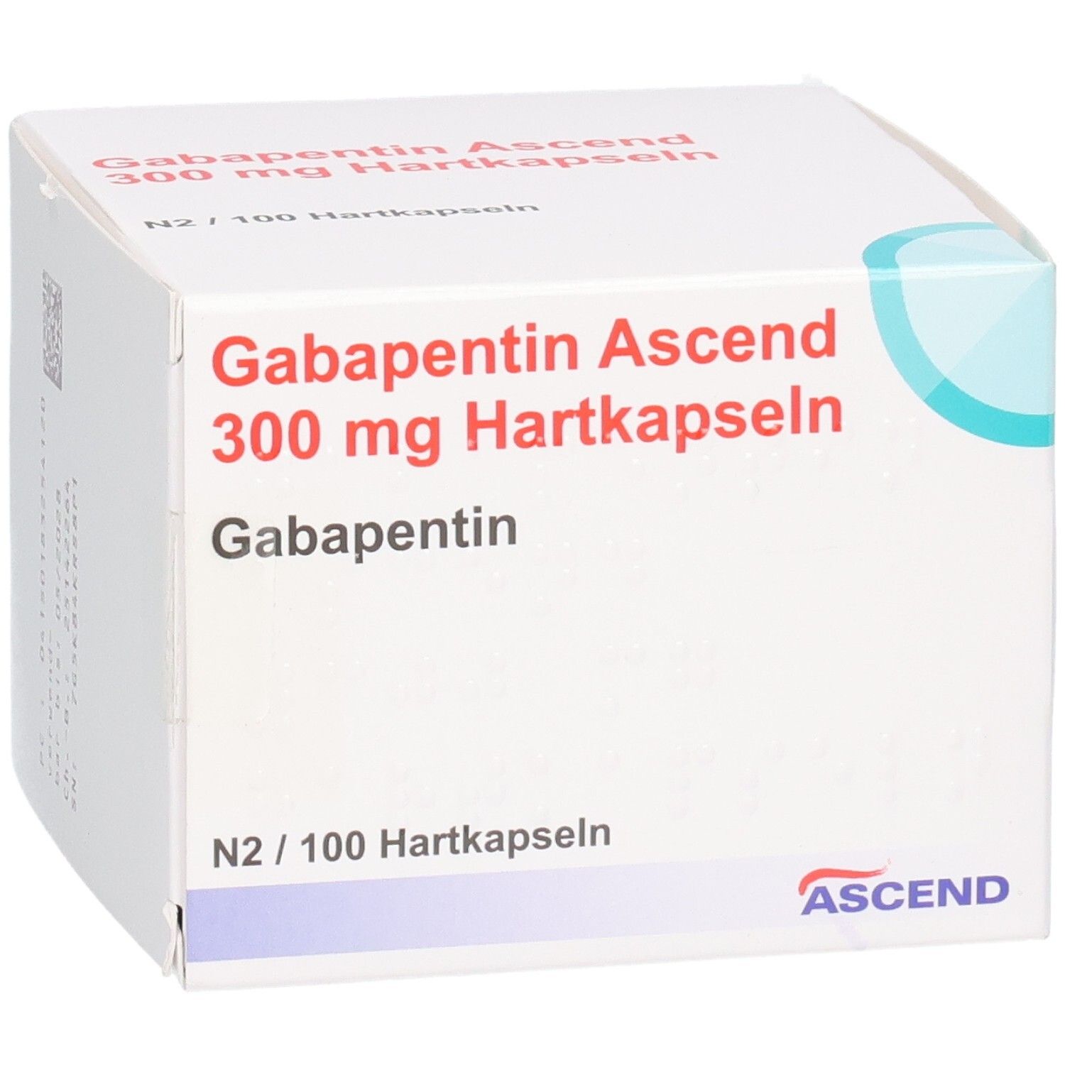 Vorderseite der Gabapentin Ascend 300 mg Hartkapseln Verpackung mit ASCEND Logo.