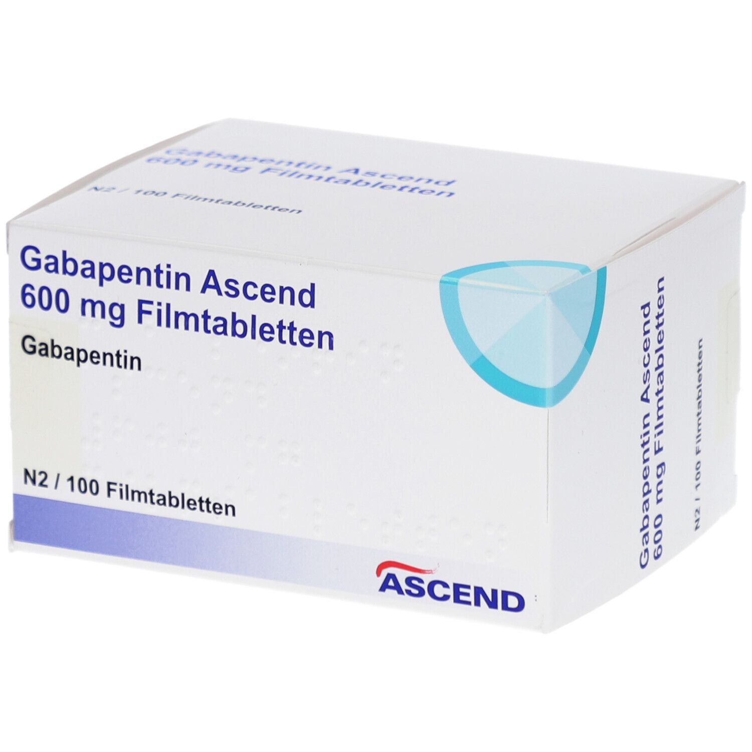 Schachtel mit Gabapentin Ascend 600 mg Filmtabletten. Aufschrift: N2/100 Filmtabletten. Marke: ASCEND. Weiße Verpackung.