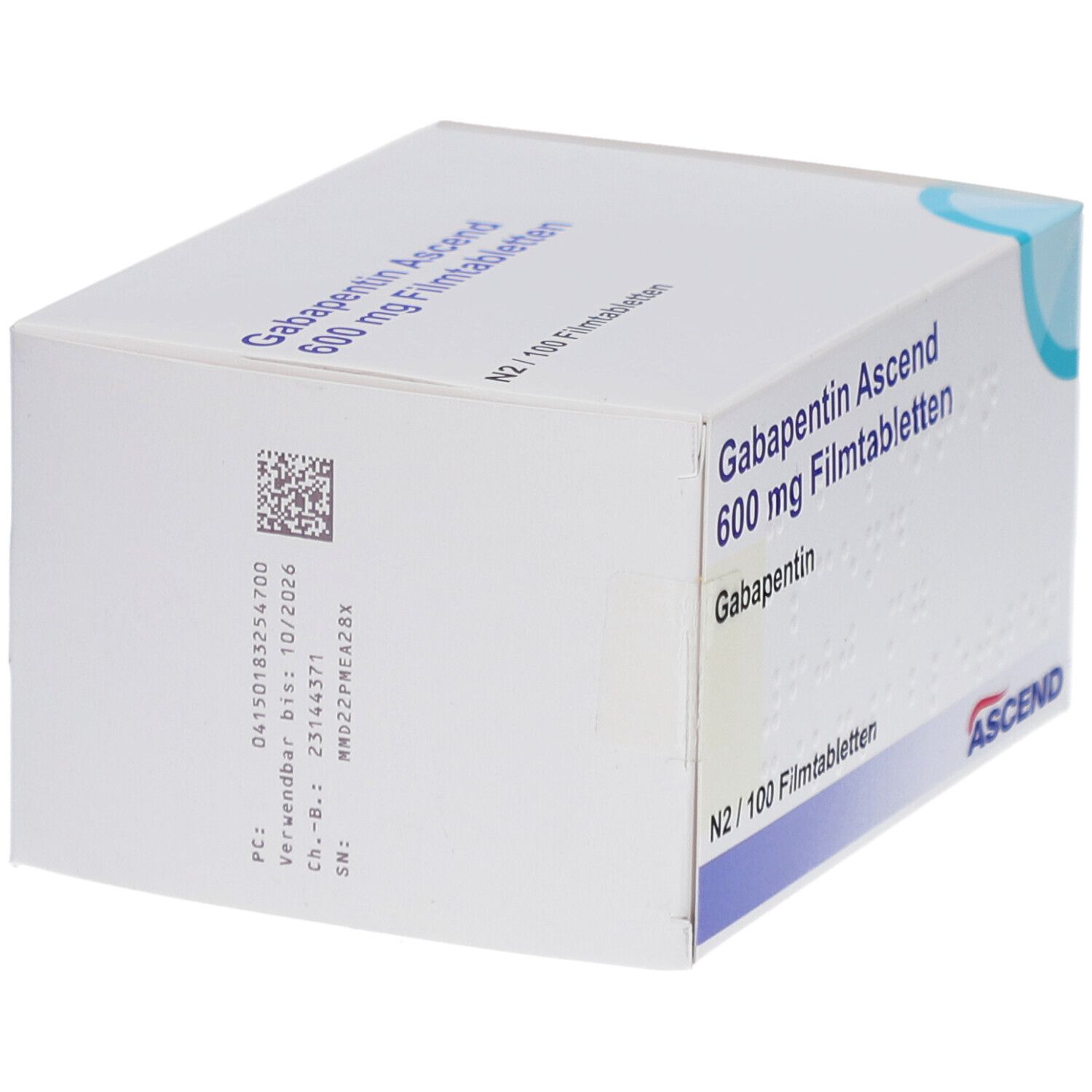 Schachtel mit Gabapentin Ascend 600 mg Filmtabletten. Aufschrift: N2/100 Filmtabletten. Mit Barcode und weiteren Informationen.