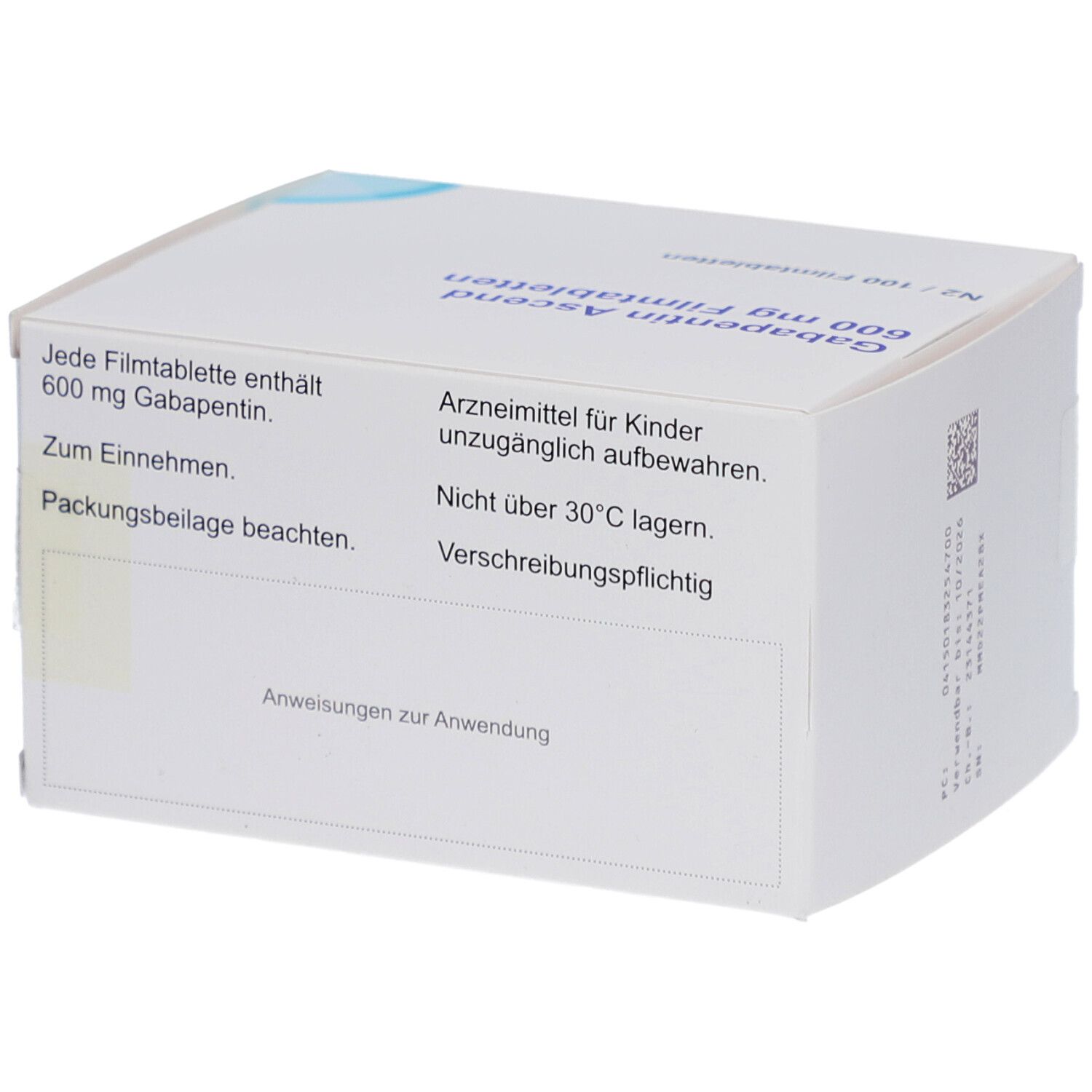 Rückseite der Schachtel mit Gabapentin Ascend 600 mg Filmtabletten. Enthält Informationen zur Anwendung und Warnhinweise.