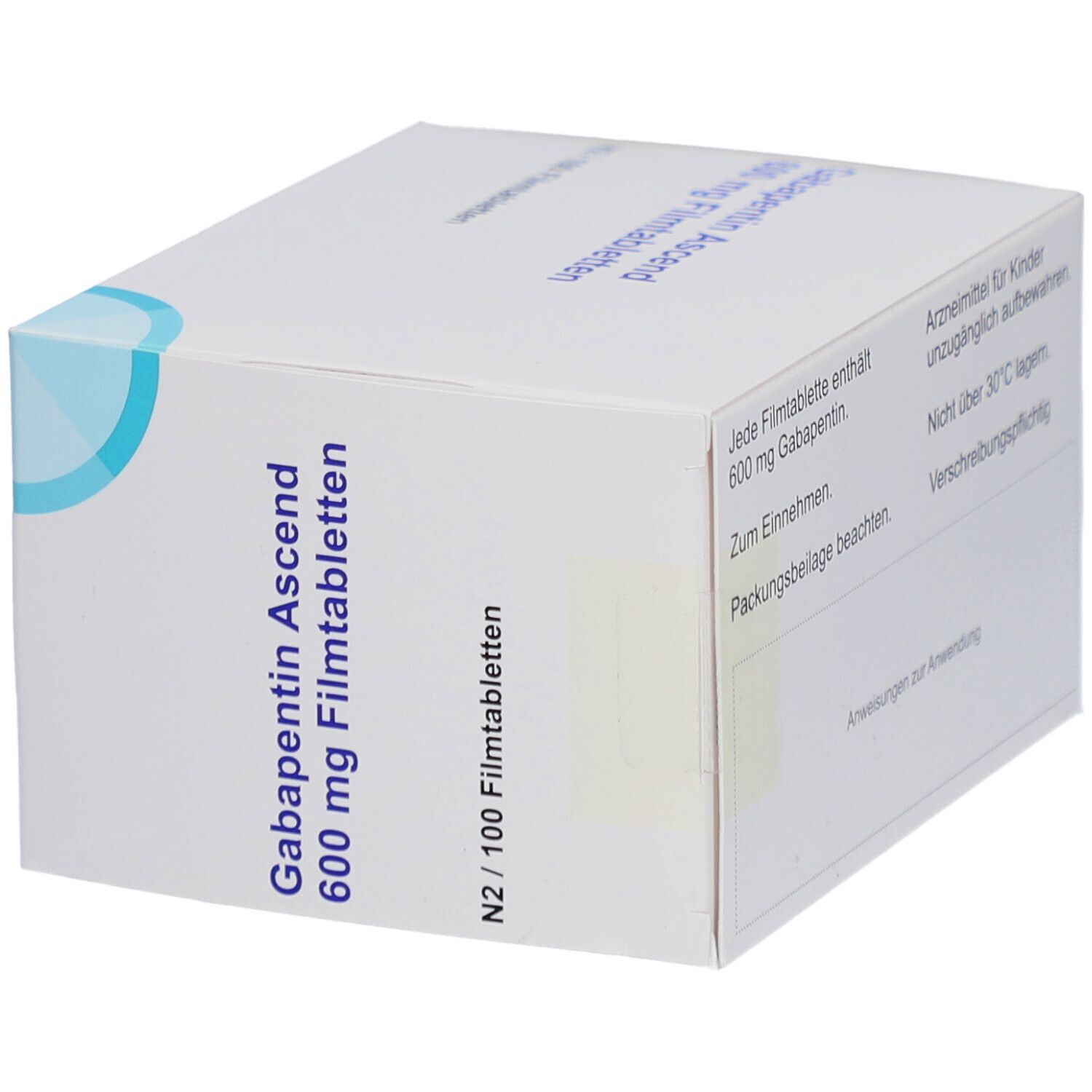 Schachtel mit Gabapentin Ascend 600 mg Filmtabletten. Aufschrift: N2/100 Filmtabletten. Enthält Informationen zur Anwendung.