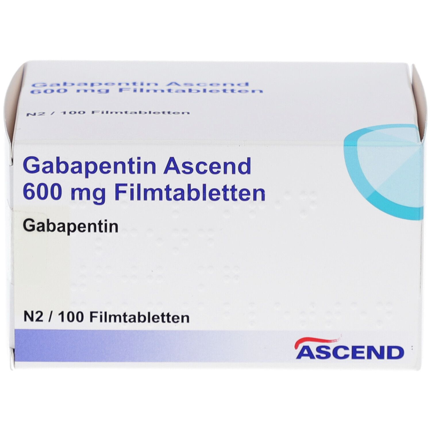 Schachtel mit Gabapentin Ascend 600 mg Filmtabletten. Aufschrift: N2/100 Filmtabletten. Marke: ASCEND. Weiße Verpackung.