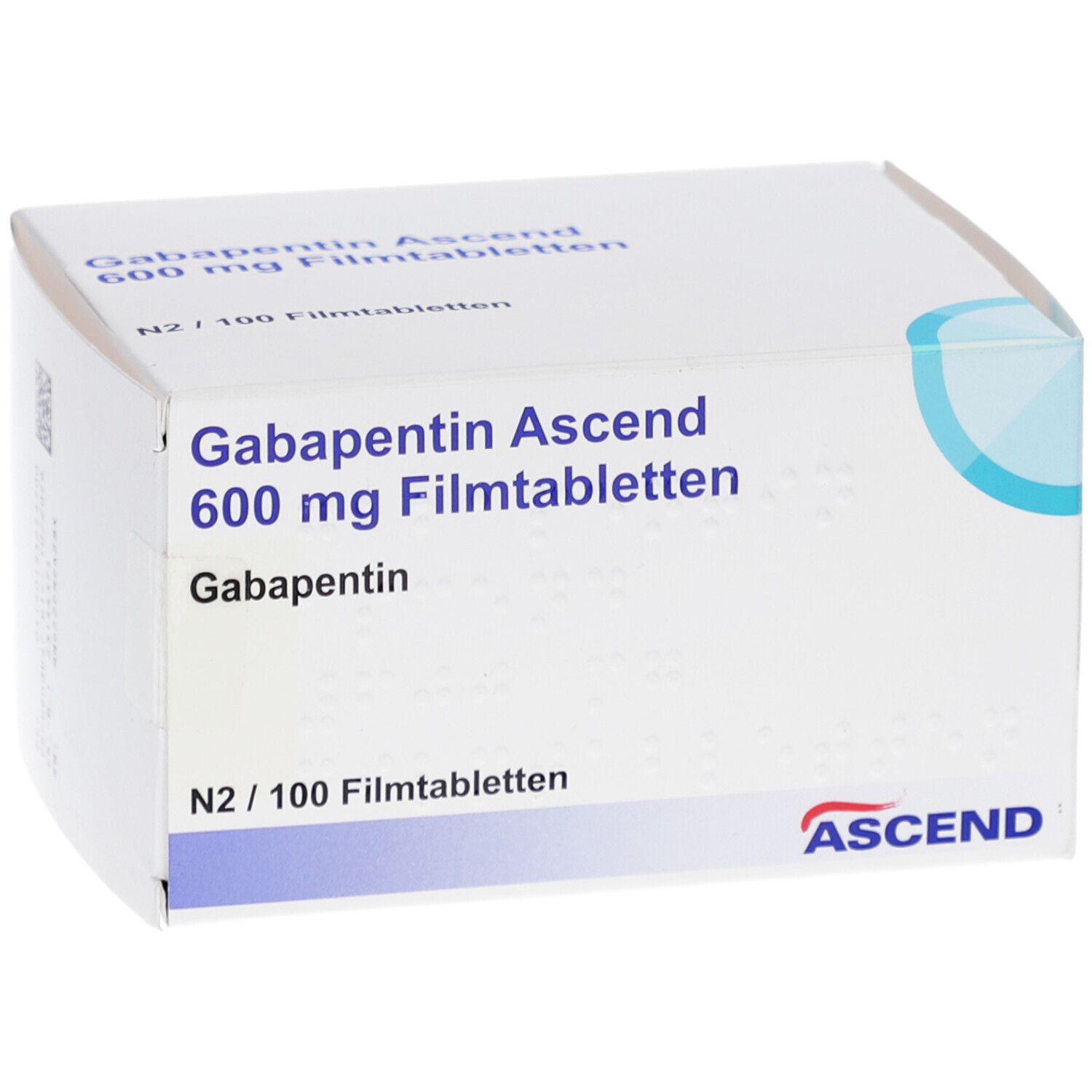 Schachtel mit Gabapentin Ascend 600 mg Filmtabletten. Aufschrift: N2/100 Filmtabletten. Marke: ASCEND. Weiße Verpackung.