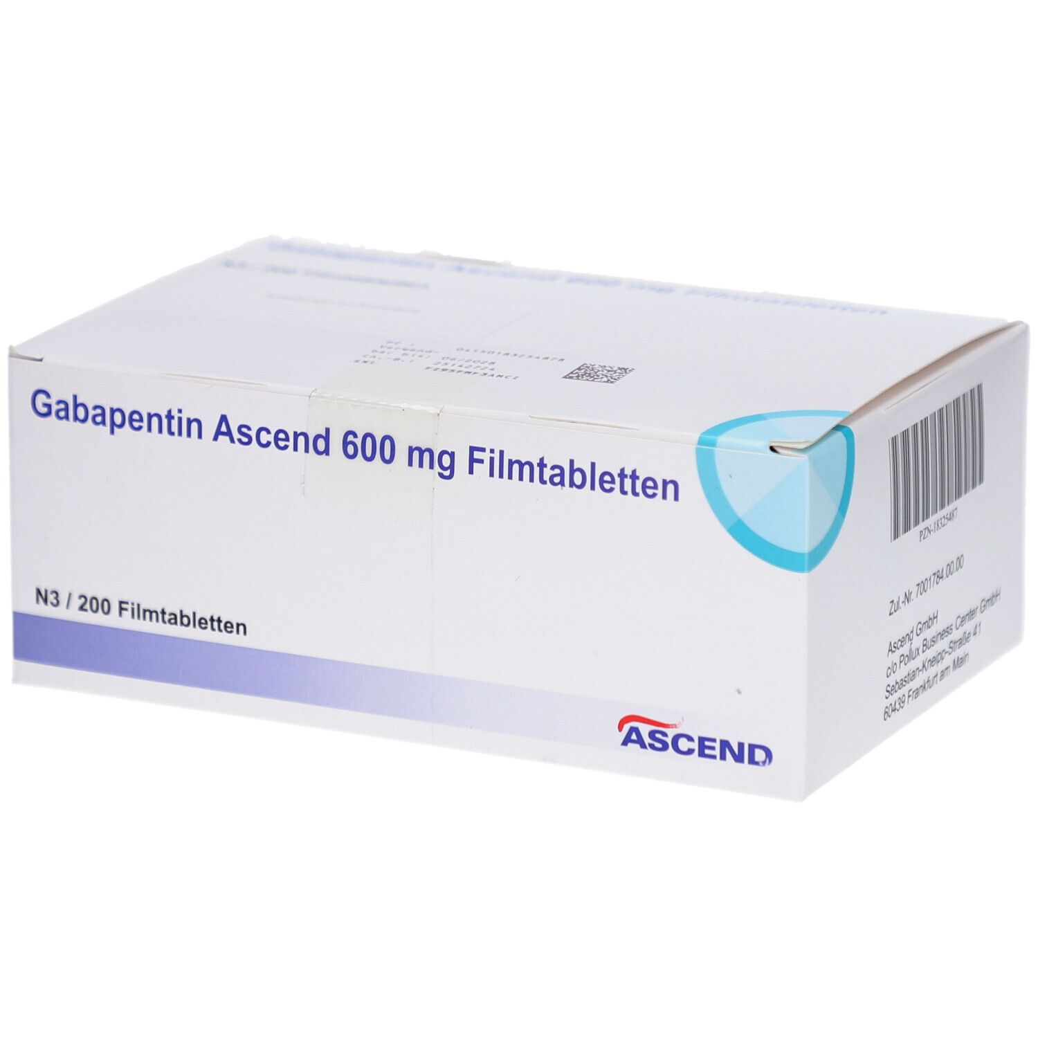 Weiße Faltschachtel mit Aufschrift: Gabapentin Ascend 600 mg Filmtabletten. ASCEND-Logo. Blaue Designelemente.