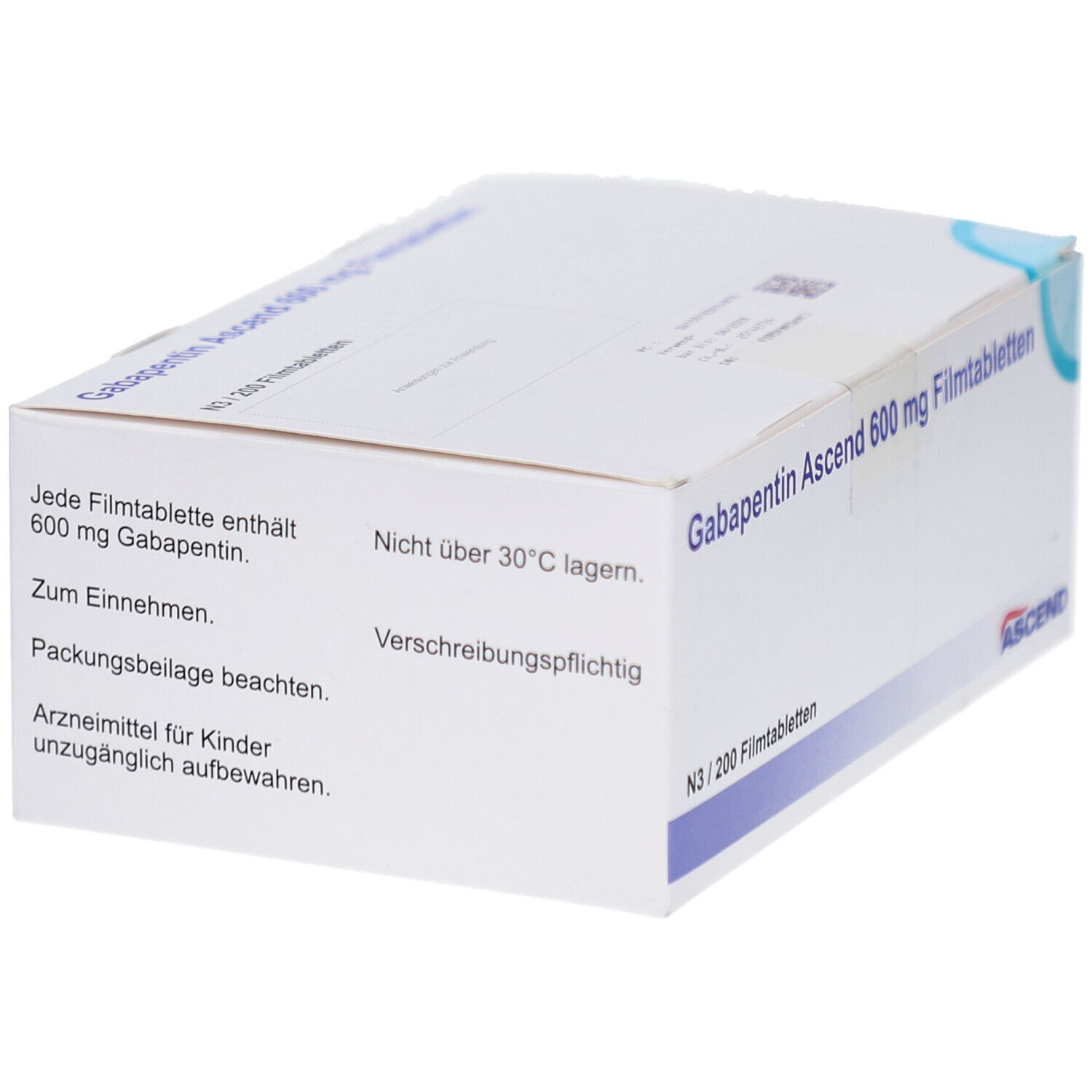 Weiße Faltschachtel mit Text: Gabapentin Ascend 600 mg Filmtabletten. Enthält 200 Tabletten. ASCEND-Logo. Text in Deutsch.