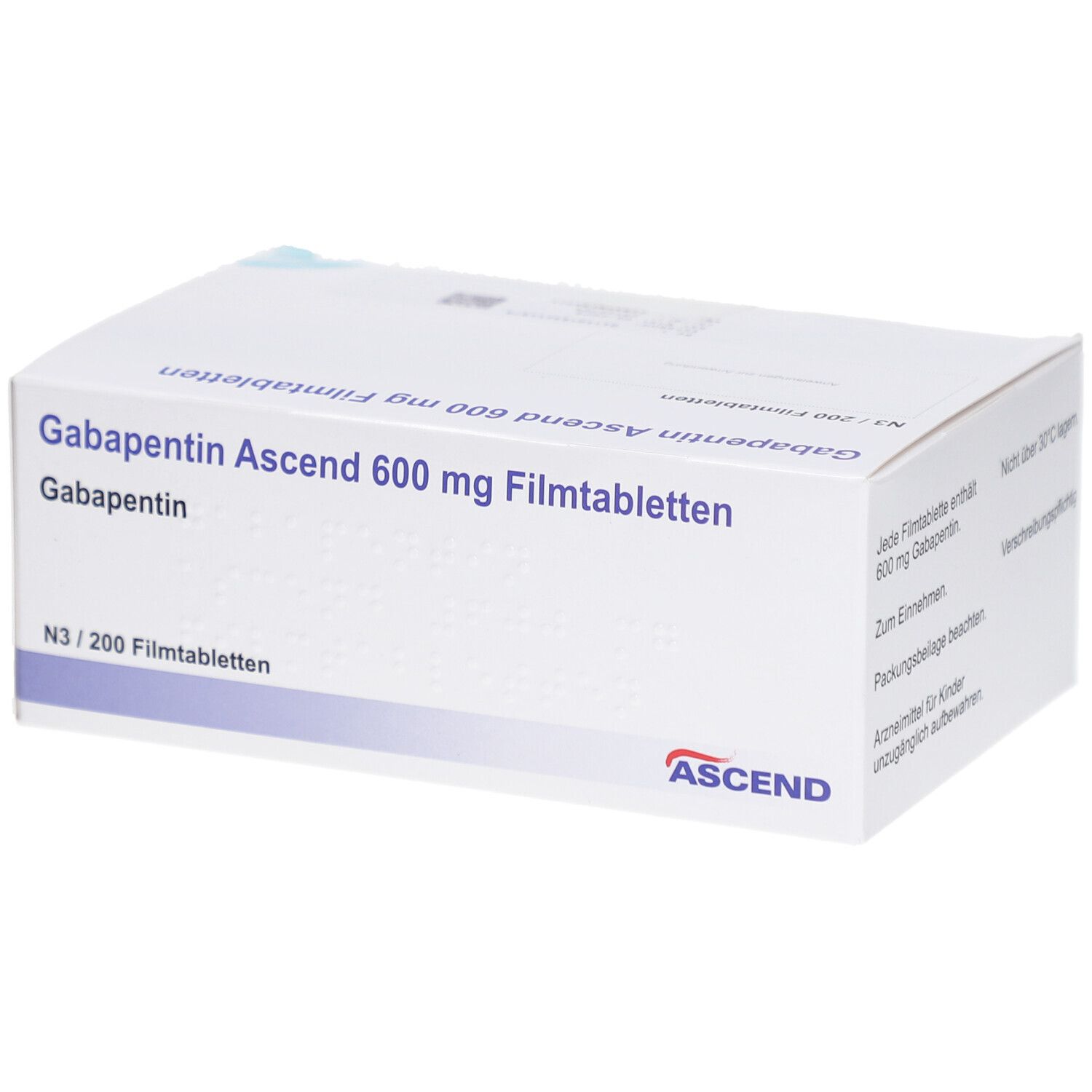 Weiße Faltschachtel mit Aufschrift: Gabapentin Ascend 600 mg Filmtabletten. ASCEND-Logo. Enthält 200 Tabletten. Text in Deutsch.