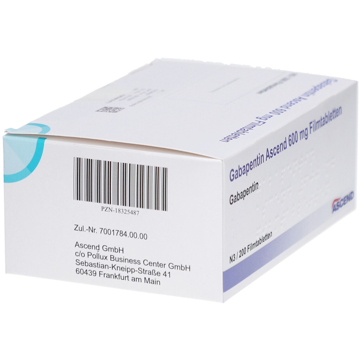 Weiße Faltschachtel mit Barcode und Text: Gabapentin Ascend 600 mg Filmtabletten. ASCEND-Logo. Enthält 200 Tabletten. Anschrift.