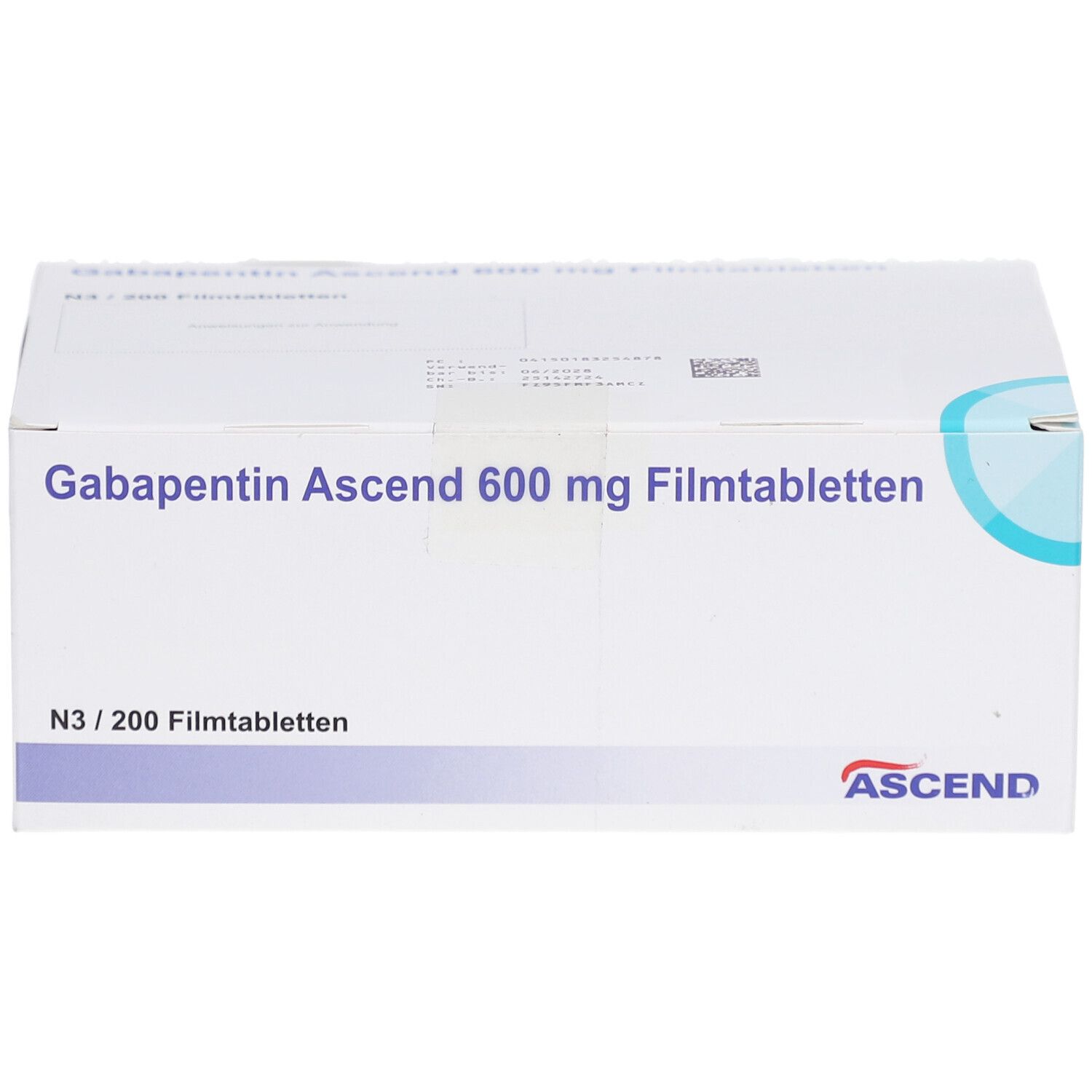 Weiße Faltschachtel mit Aufschrift: Gabapentin Ascend 600 mg Filmtabletten. ASCEND-Logo. Enthält 200 Tabletten. Blaue Designelemente.