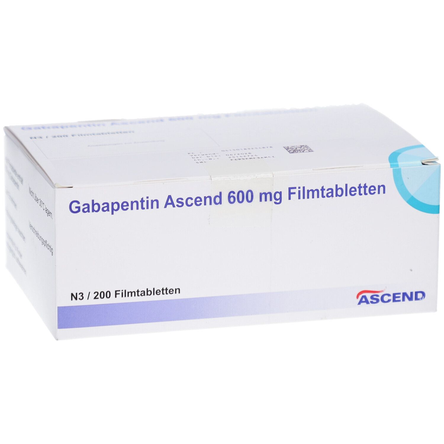 Weiße Faltschachtel mit Aufschrift: Gabapentin Ascend 600 mg Filmtabletten. ASCEND-Logo. Enthält 200 Tabletten. Blaue Designelemente.