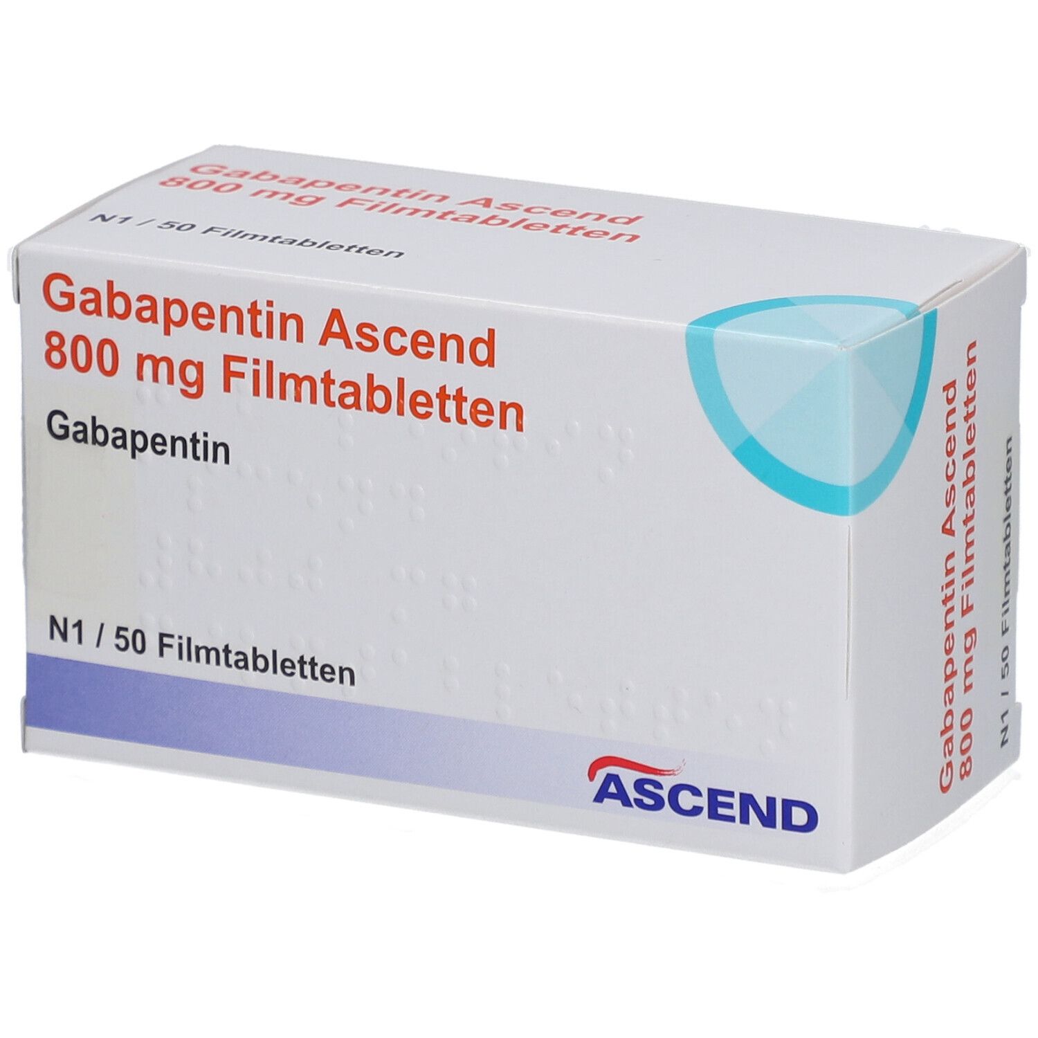 Schachtel mit GABAPENTIN Ascend 800 mg Filmtabletten. Aufschrift: N1/50 Filmtabletten. ASCEND-Logo.