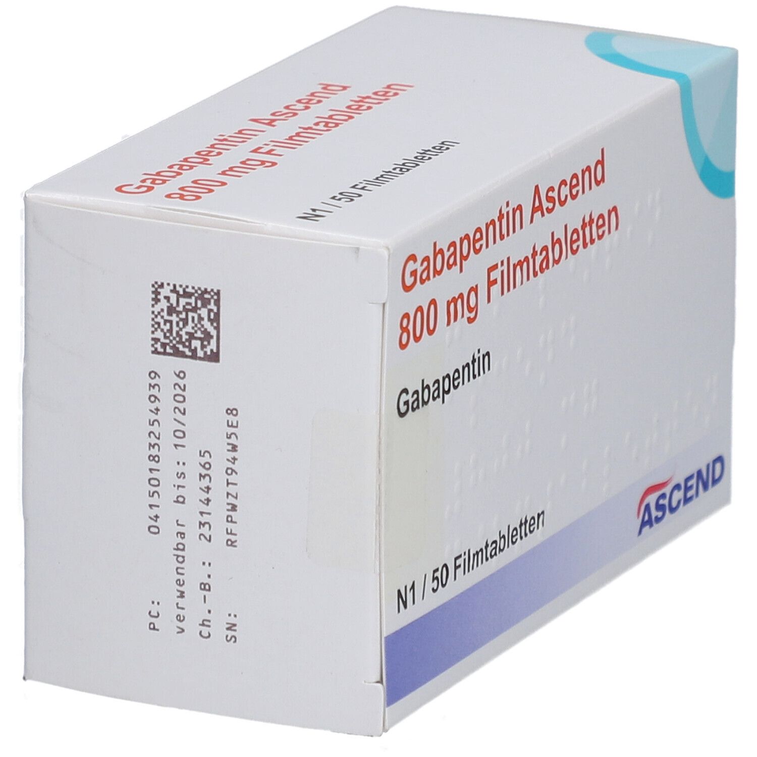 Schachtel mit GABAPENTIN Ascend 800 mg Filmtabletten. Aufdruck mit Chargennummer und Verfallsdatum. ASCEND-Logo.