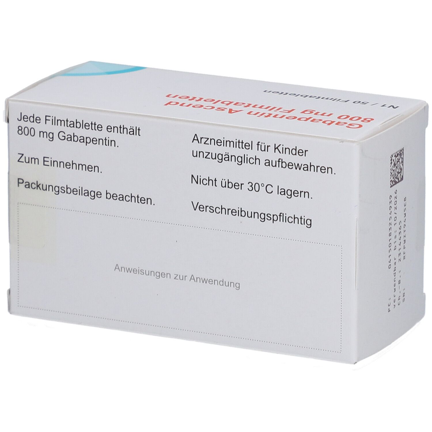 Rückseite der Schachtel mit GABAPENTIN Ascend 800 mg Filmtabletten. Text: 'Zum Einnehmen'. Warnhinweise.