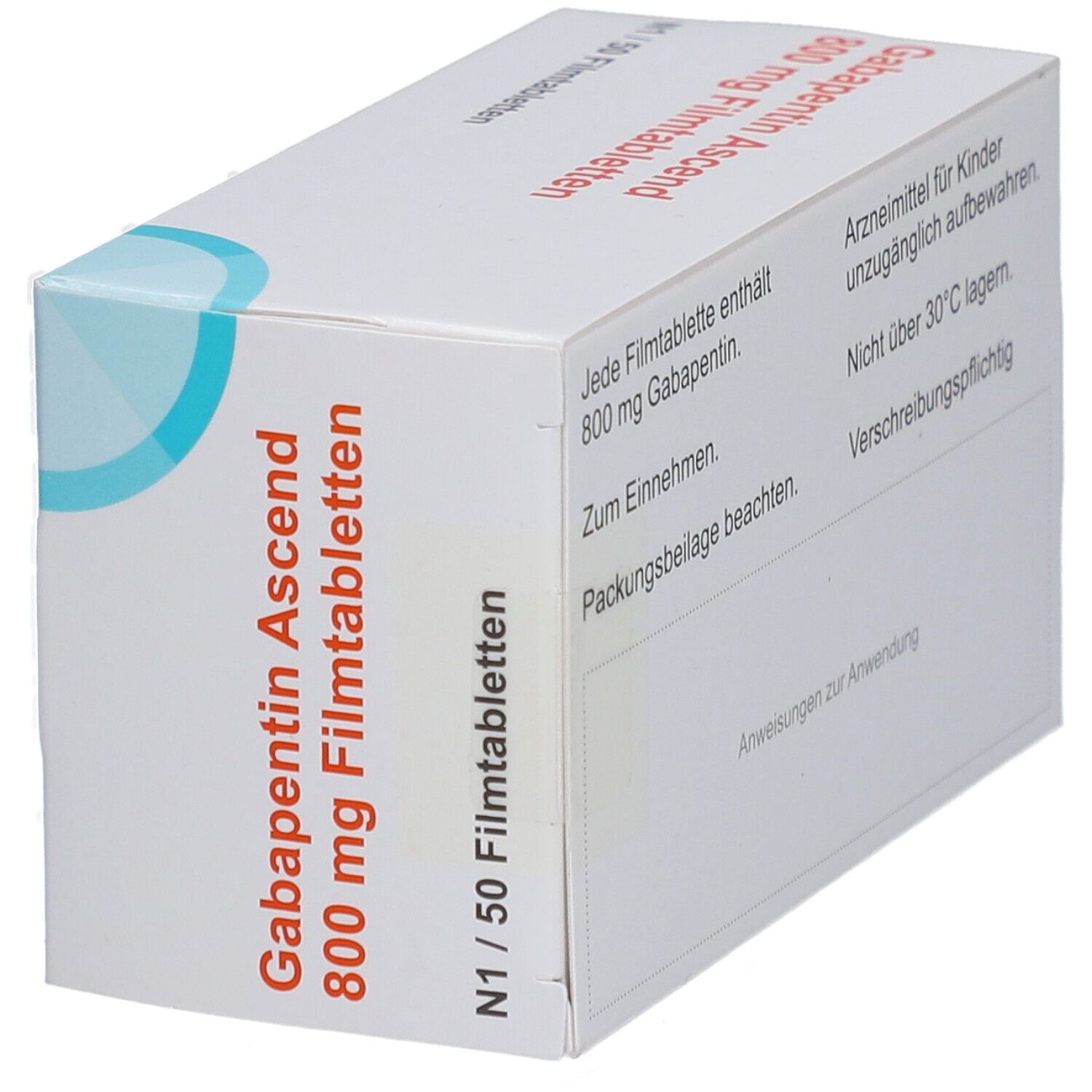Schachtel mit GABAPENTIN Ascend 800 mg Filmtabletten. Aufschrift: N1/50 Filmtabletten. Text auf der Seite.