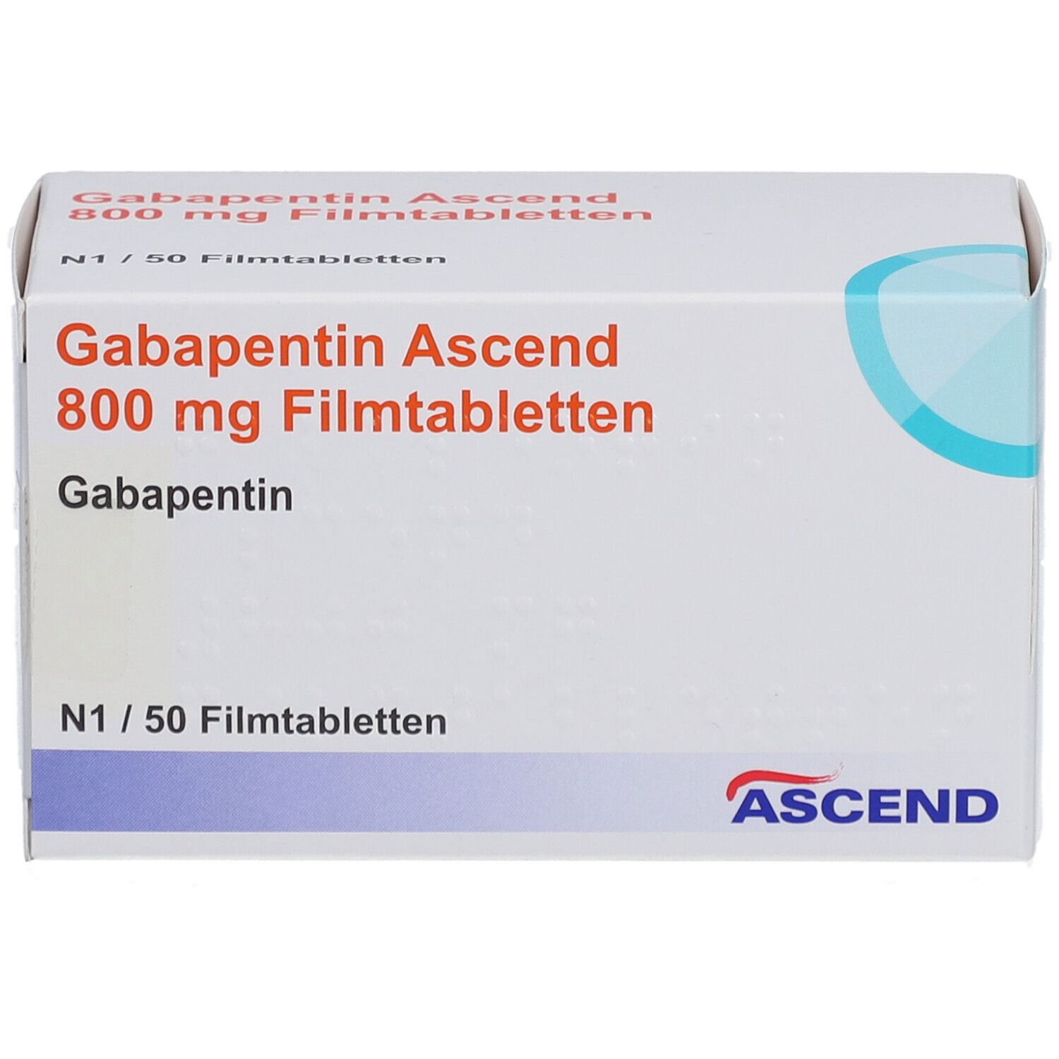 Schachtel mit GABAPENTIN Ascend 800 mg Filmtabletten. Aufschrift: N1/50 Filmtabletten. ASCEND-Logo.