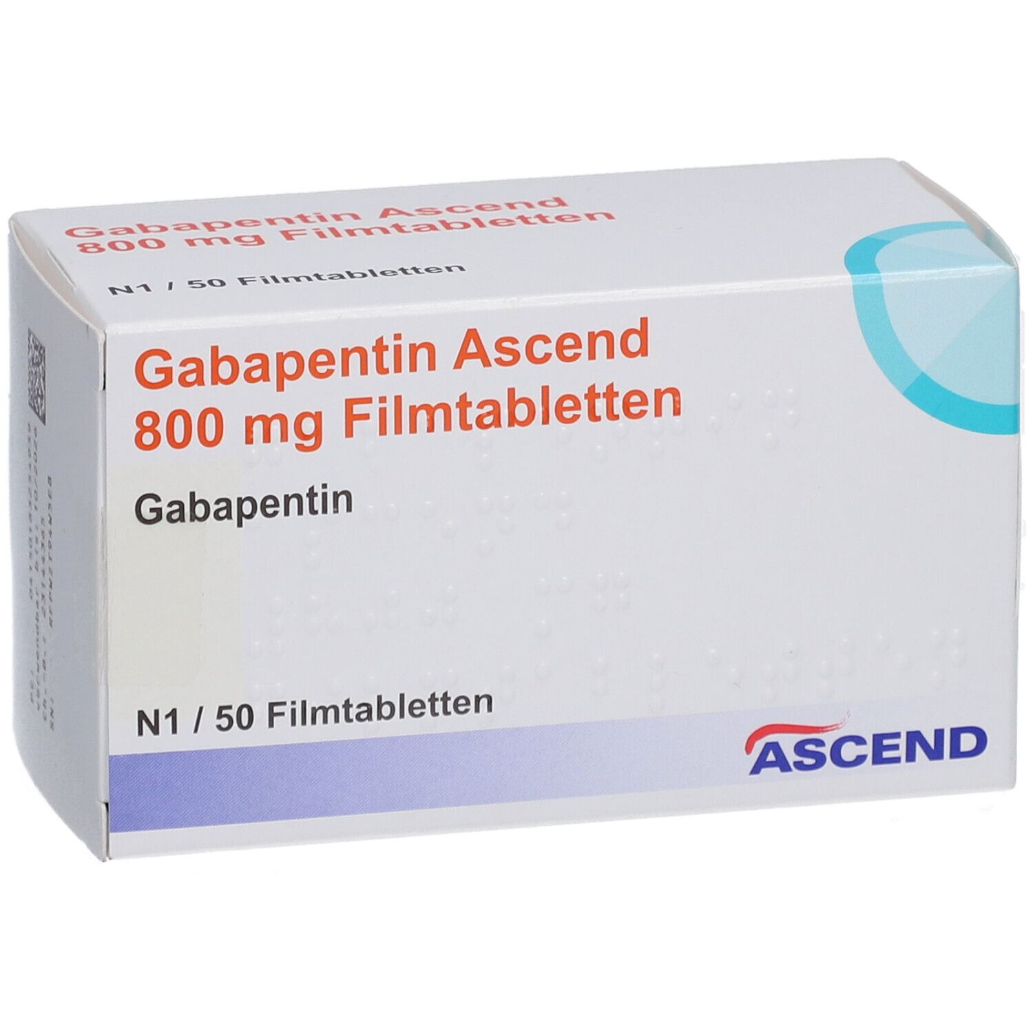 Schachtel mit GABAPENTIN Ascend 800 mg Filmtabletten. Aufschrift: N1/50 Filmtabletten. ASCEND-Logo.