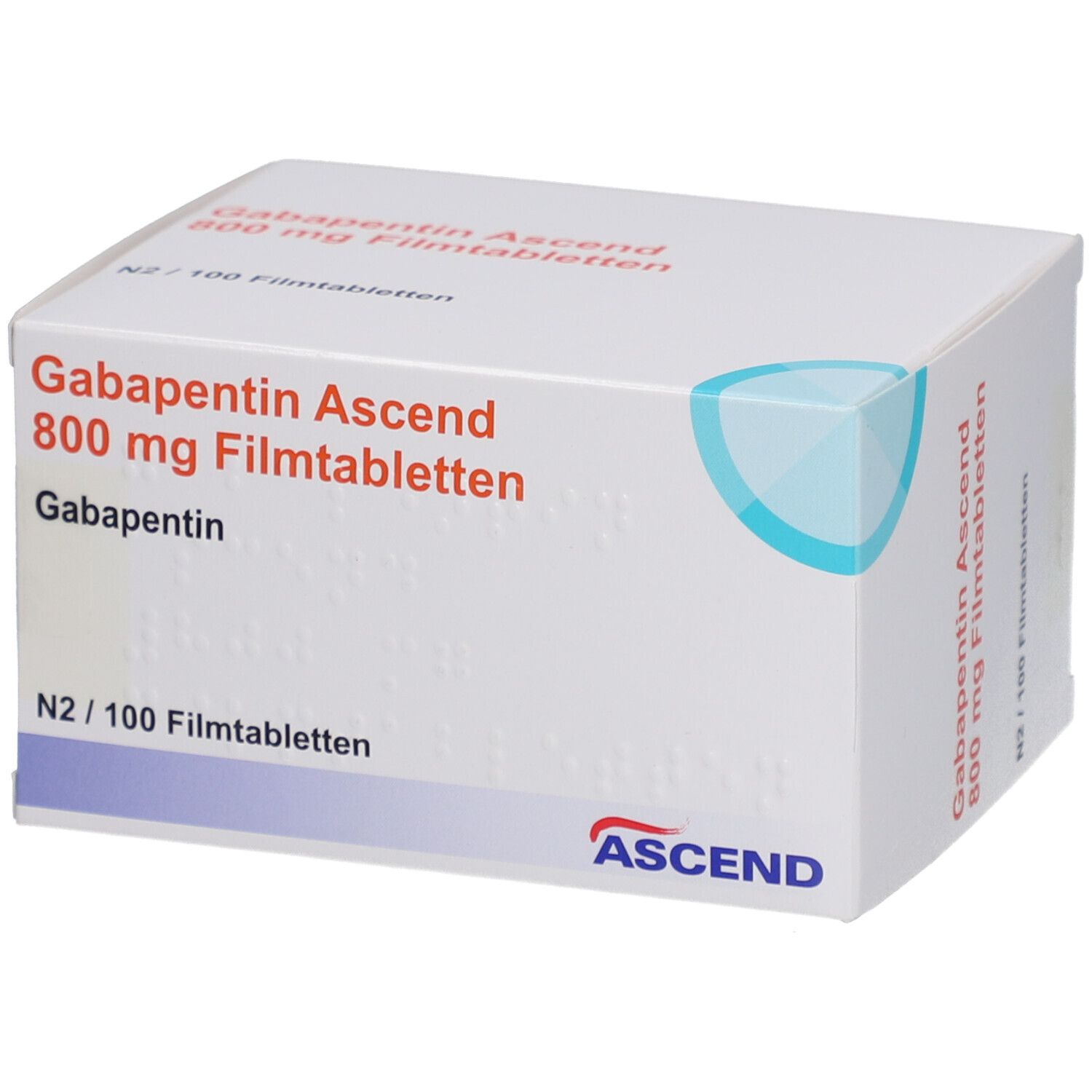 Schachtel mit Gabapentin Ascend 800 mg Filmtabletten. Aufschrift: N2/100 Filmtabletten. Marke: ASCEND. Blaue Designelemente.
