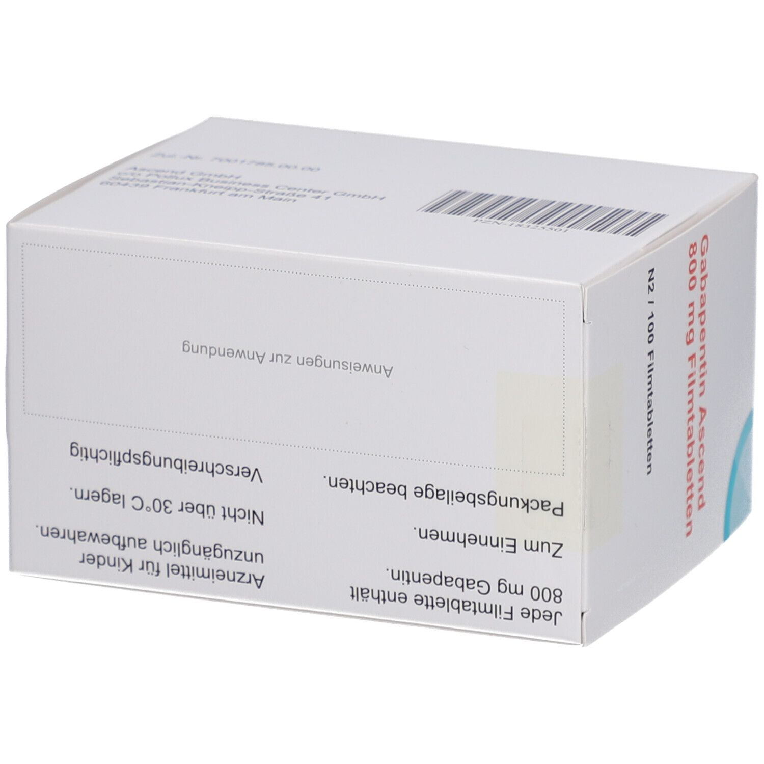 Oberseite der Schachtel mit Gabapentin Ascend 800 mg Filmtabletten. Aufdruck mit Anweisungen und Warnhinweisen. Marke: ASCEND.