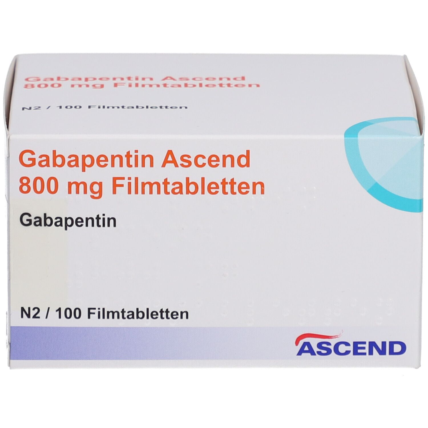 Schachtel mit Gabapentin Ascend 800 mg Filmtabletten. Aufschrift: N2/100 Filmtabletten. Marke: ASCEND. Blaue Designelemente.