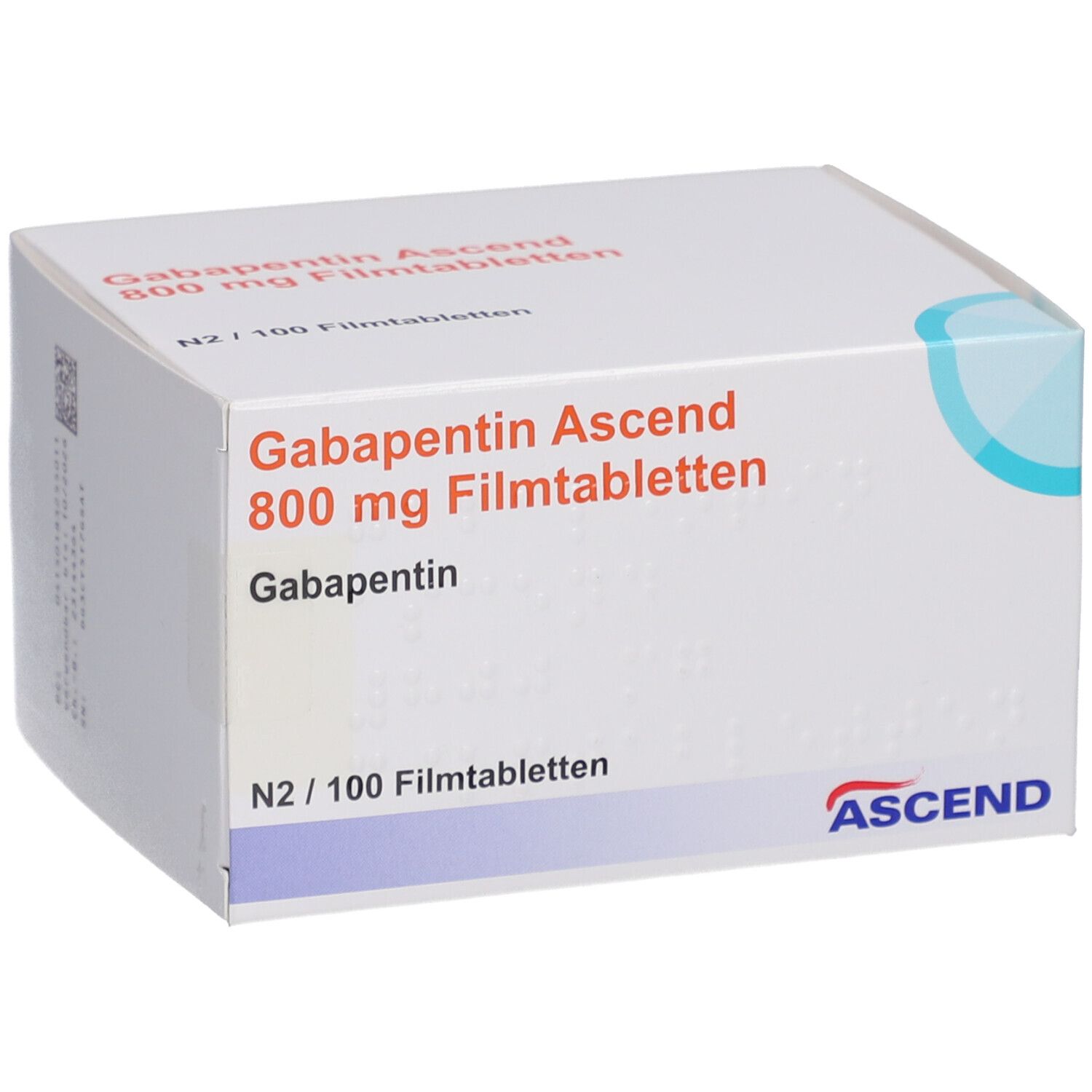 Schachtel mit Gabapentin Ascend 800 mg Filmtabletten. Aufschrift: N2/100 Filmtabletten. Marke: ASCEND. Blaue Designelemente.