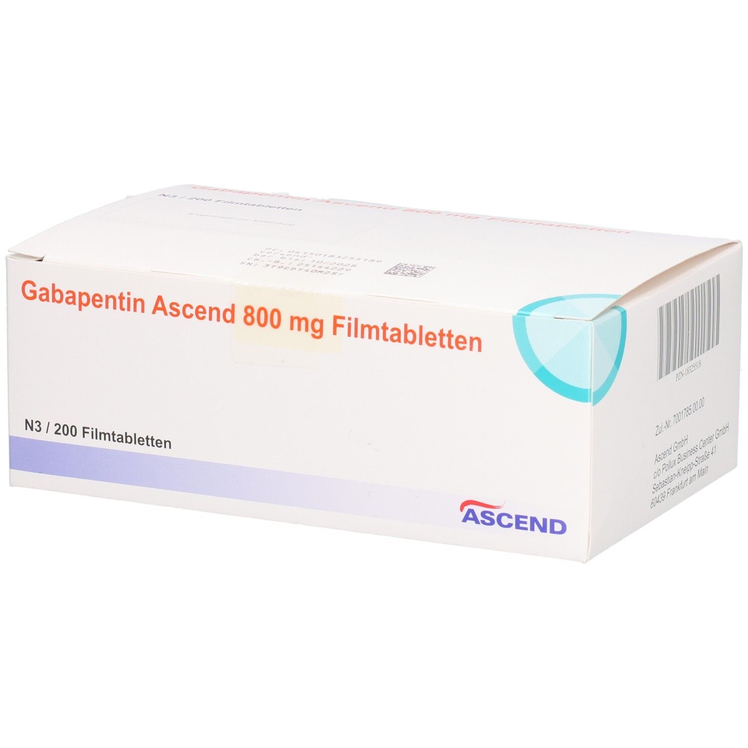 Weiße Faltschachtel mit Aufschrift: Gabapentin Ascend 800 mg Filmtabletten. N3/200 Filmtabletten. ASCEND Logo.
