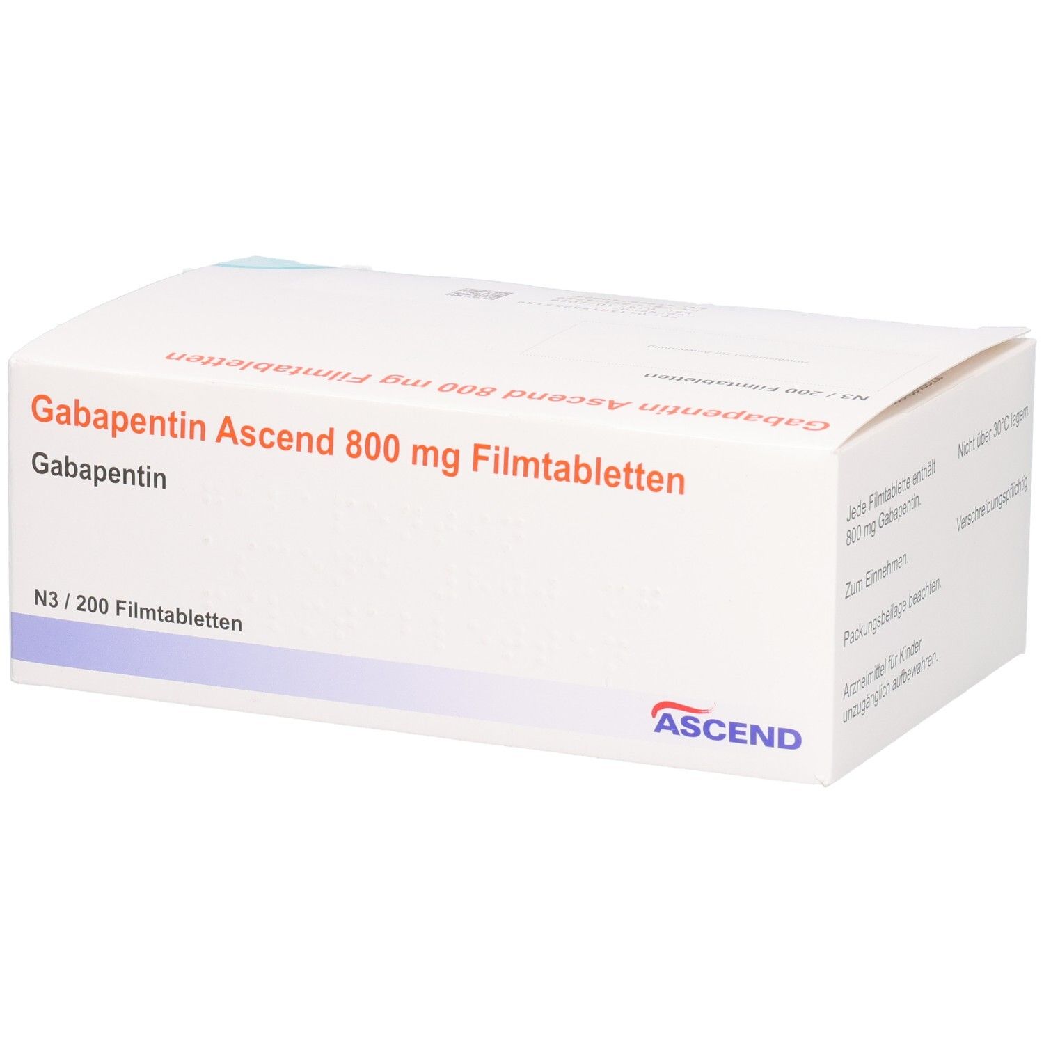Weiße Faltschachtel mit Aufschrift: Gabapentin Ascend 800 mg Filmtabletten. N3/200 Filmtabletten. ASCEND Logo.