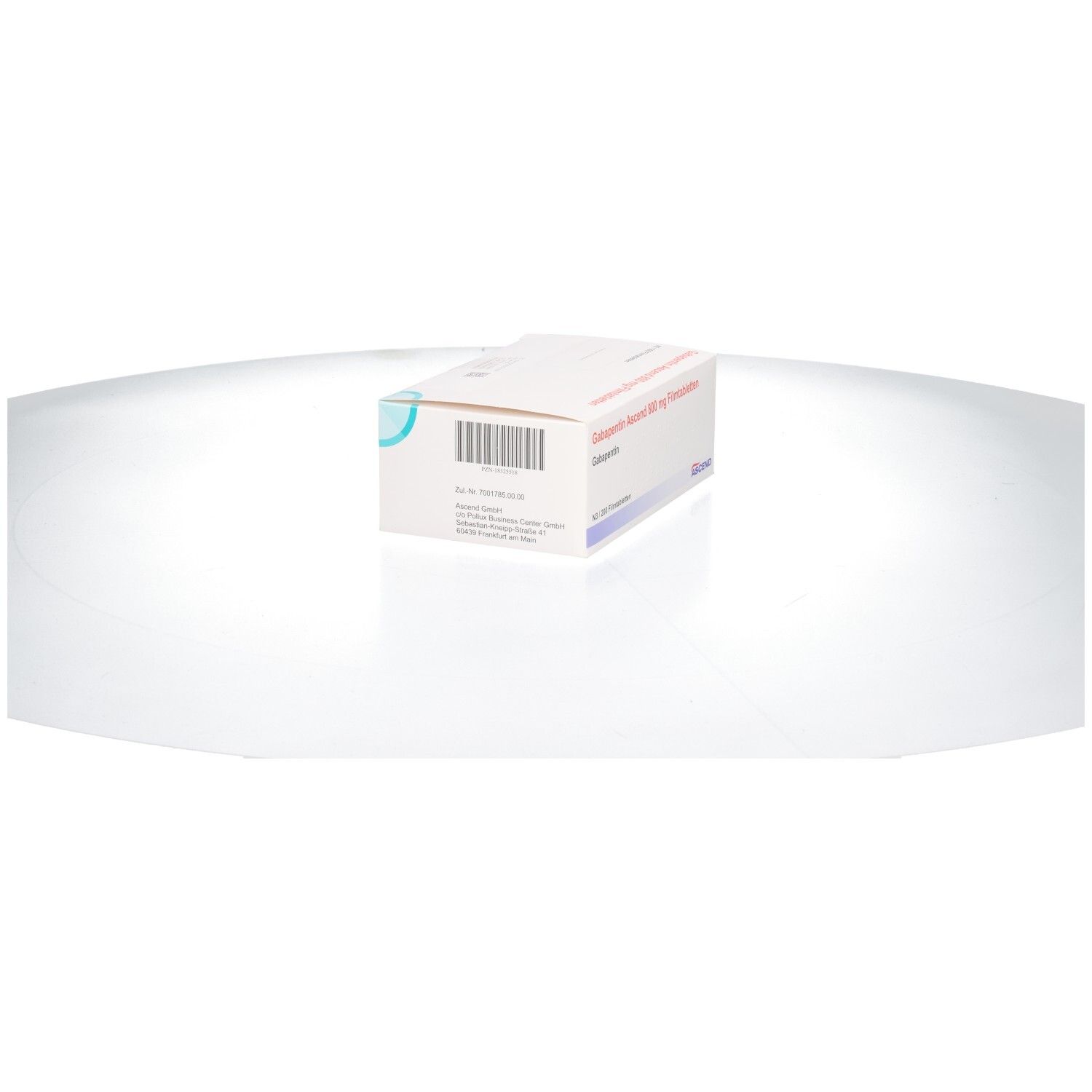 Weiße Faltschachtel mit Barcode und Text. Aufschrift: Gabapentin Ascend 800 mg Filmtabletten. ASCEND Logo.
