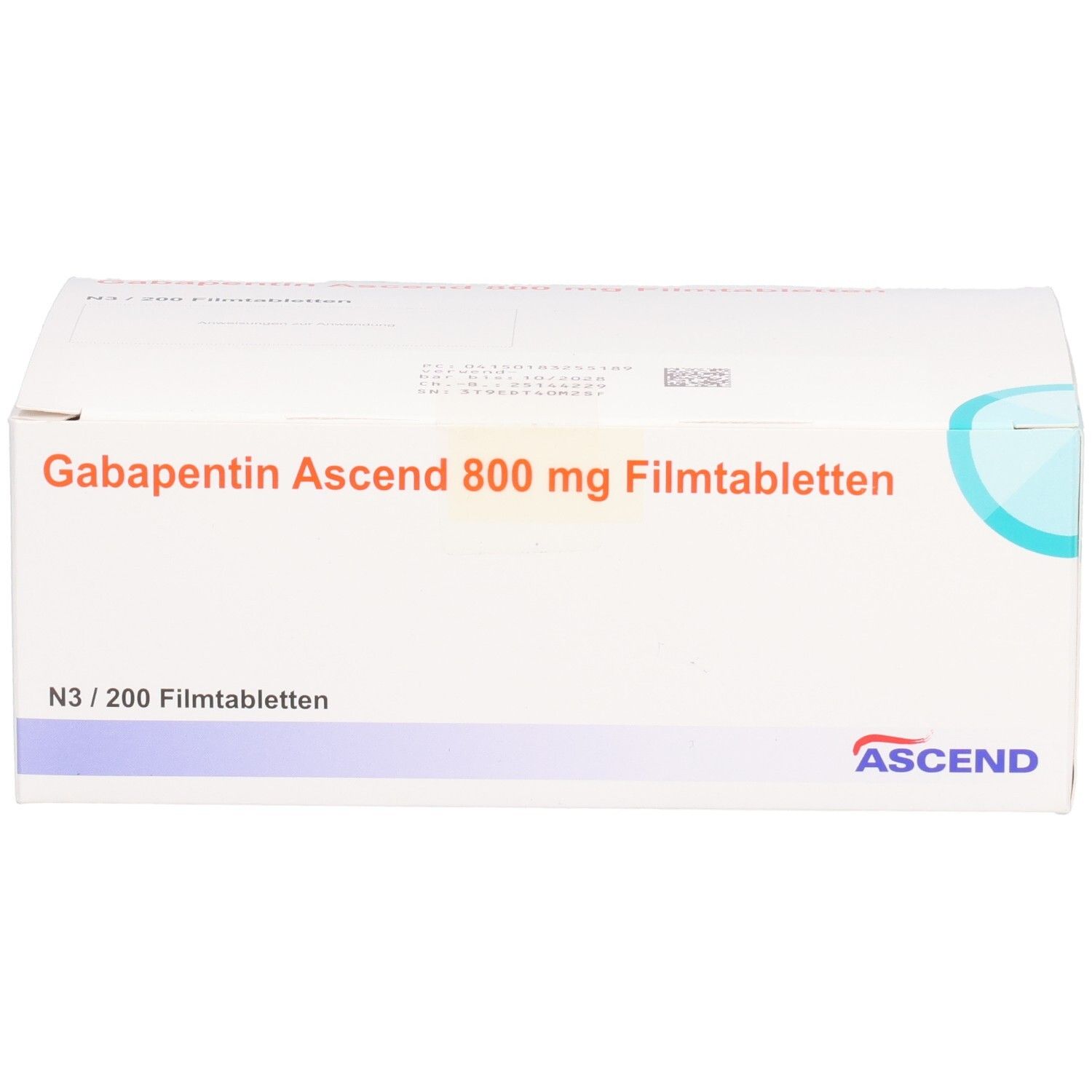 Weiße Faltschachtel mit Aufschrift: Gabapentin Ascend 800 mg Filmtabletten. N3/200 Filmtabletten. ASCEND Logo.