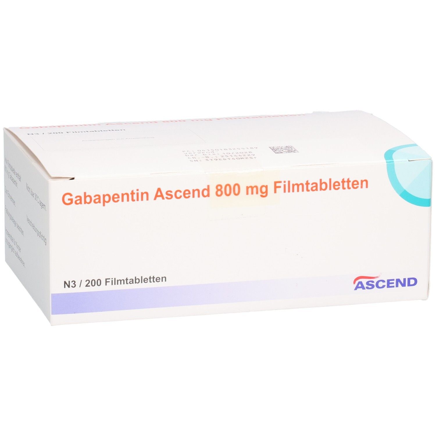 Weiße Faltschachtel mit Aufschrift: Gabapentin Ascend 800 mg Filmtabletten. N3/200 Filmtabletten. ASCEND Logo.