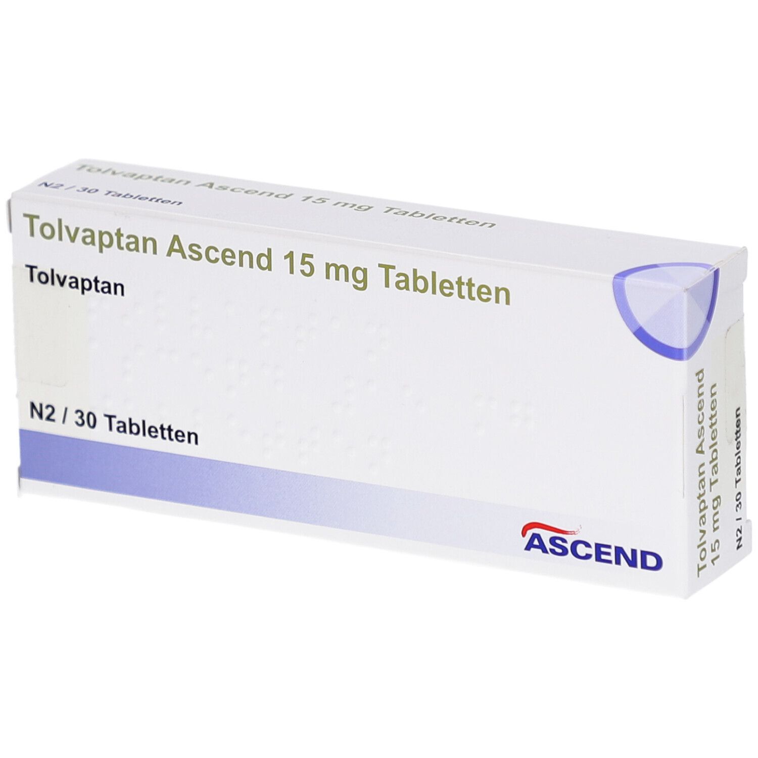 Schachtel mit Tolvaptan Ascend 15 mg Tabletten. Aufschrift: N2/30 Tabletten. Marke: ASCEND. Weiß-blaue Verpackung.