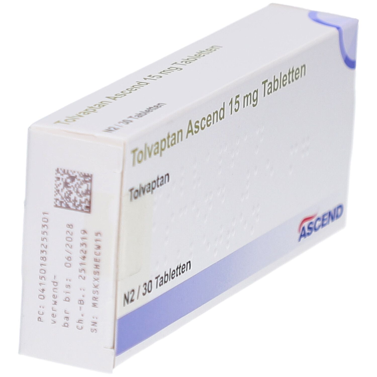 Schachtel mit Tolvaptan Ascend 15 mg Tabletten. Aufschrift: N2/30 Tabletten. Marke: ASCEND. Mit Barcode und Verfallsdatum.