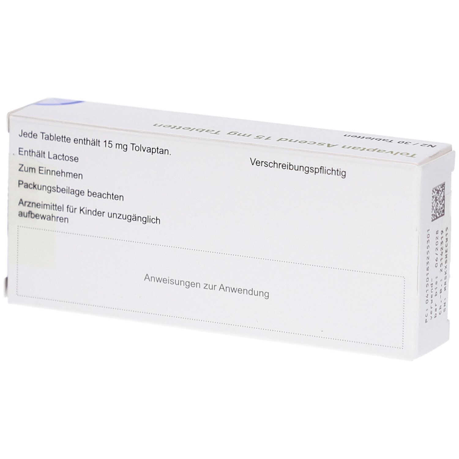 Rückseite der Schachtel mit Informationen. Enthält Angaben zu Inhaltsstoffen und Anwendungshinweisen. Verschreibungspflichtig.