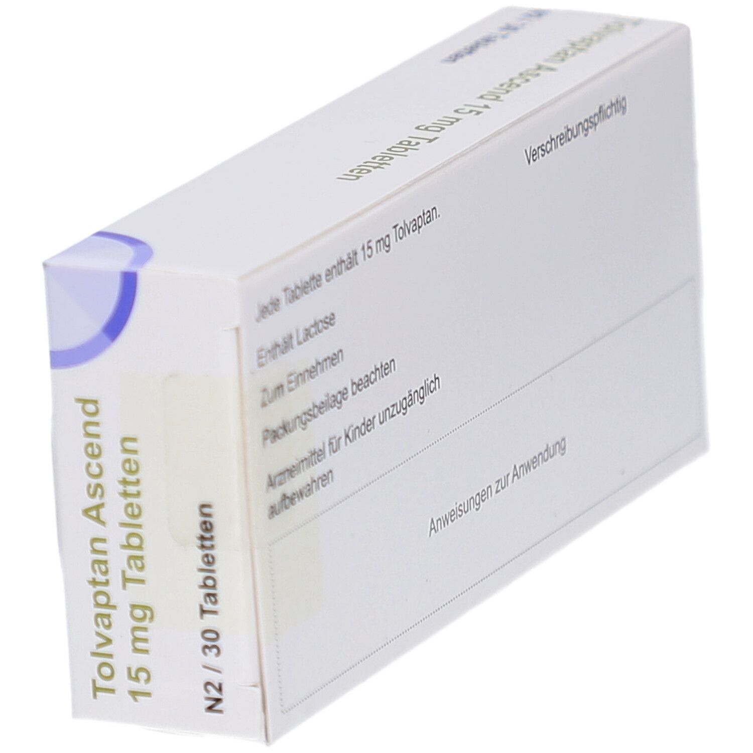 Schachtel mit Tolvaptan Ascend 15 mg Tabletten. Aufschrift: N2/30 Tabletten. Rückseite mit Informationen. Verschreibungspflichtig.