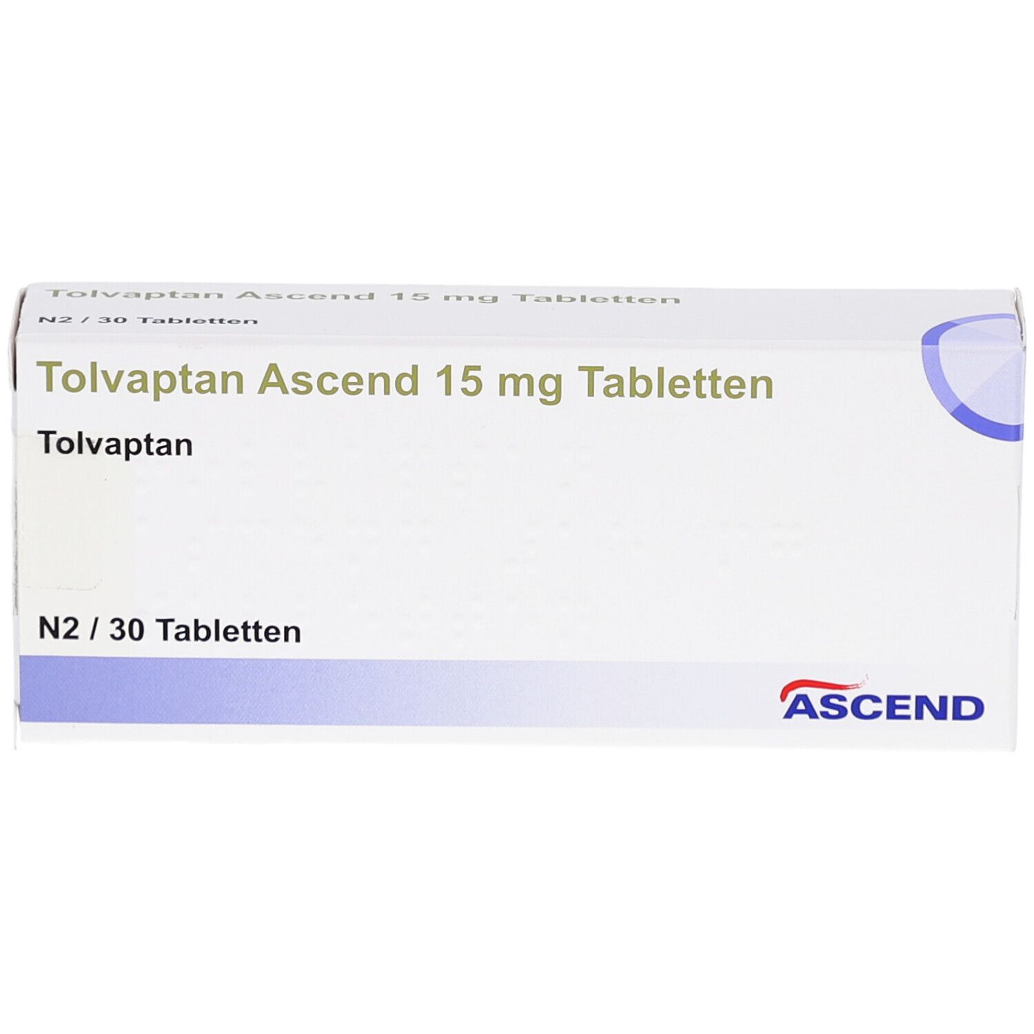 Schachtel mit Tolvaptan Ascend 15 mg Tabletten. Aufschrift: N2/30 Tabletten. Marke: ASCEND. Weiß-blaue Verpackung.