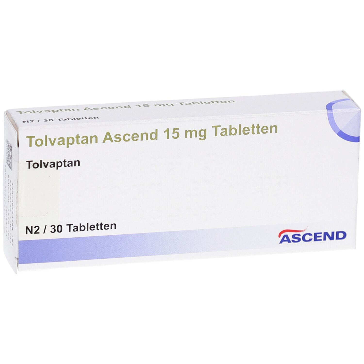 Schachtel mit Tolvaptan Ascend 15 mg Tabletten. Aufschrift: N2/30 Tabletten. Marke: ASCEND. Weiß-blaue Verpackung.