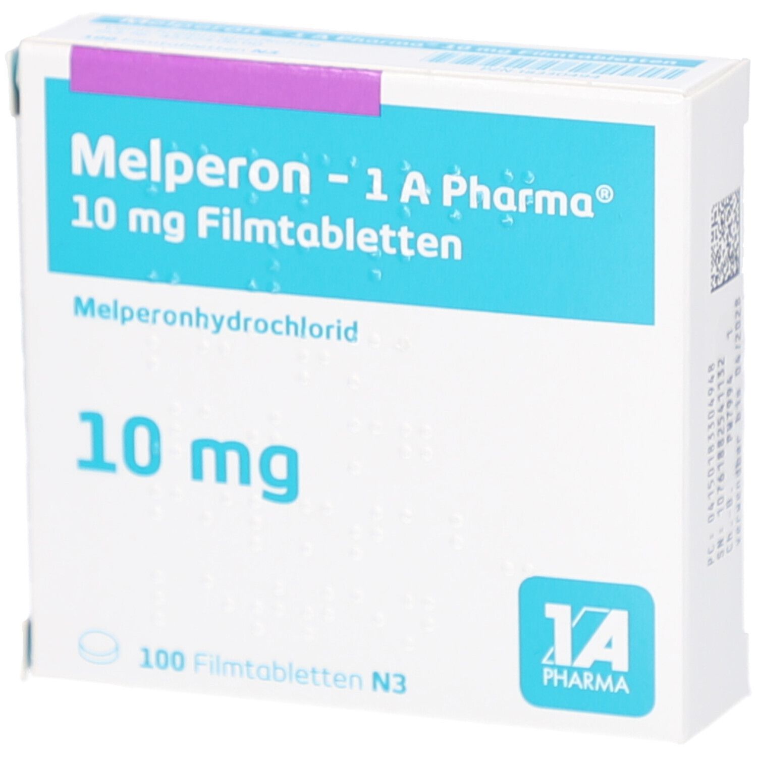 Schachtel mit "Melperon - 1 A Pharma 10 mg Filmtabletten". Blaue und weiße Verpackung mit Produktinformationen und Logo.