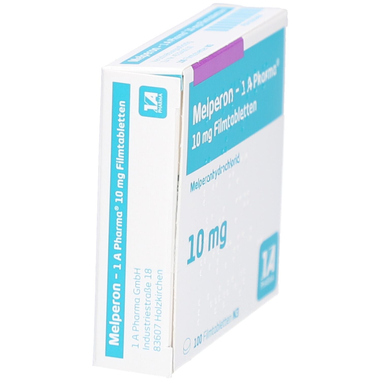 Schachtel "Melperon - 1 A Pharma 10 mg Filmtabletten" in Schrägansicht. Blaue und weiße Verpackung mit Produktinformationen.