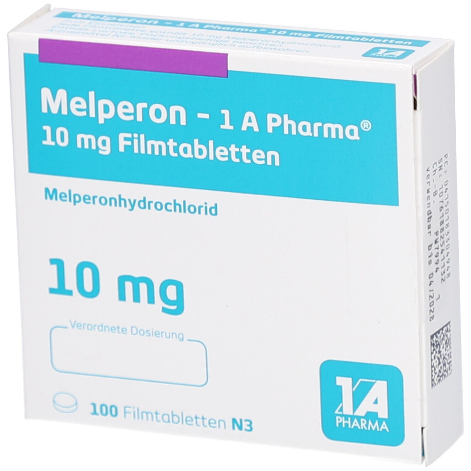 Schachtel mit "Melperon - 1 A Pharma 10 mg Filmtabletten". Blaue und weiße Verpackung mit Produktinformationen und Logo.